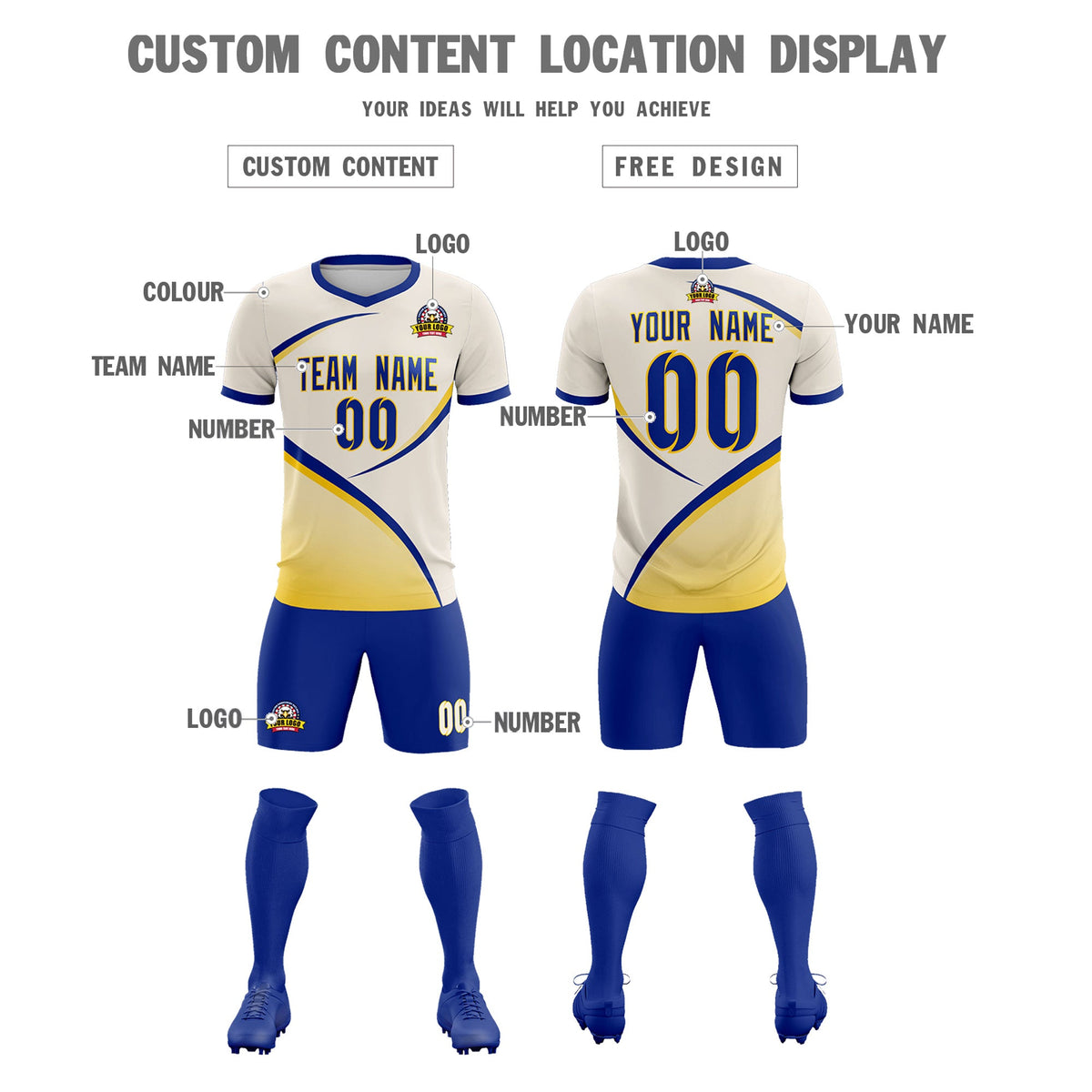 Custom Cream Royal Color Block Training Uniform For Men Football Kits Jersey