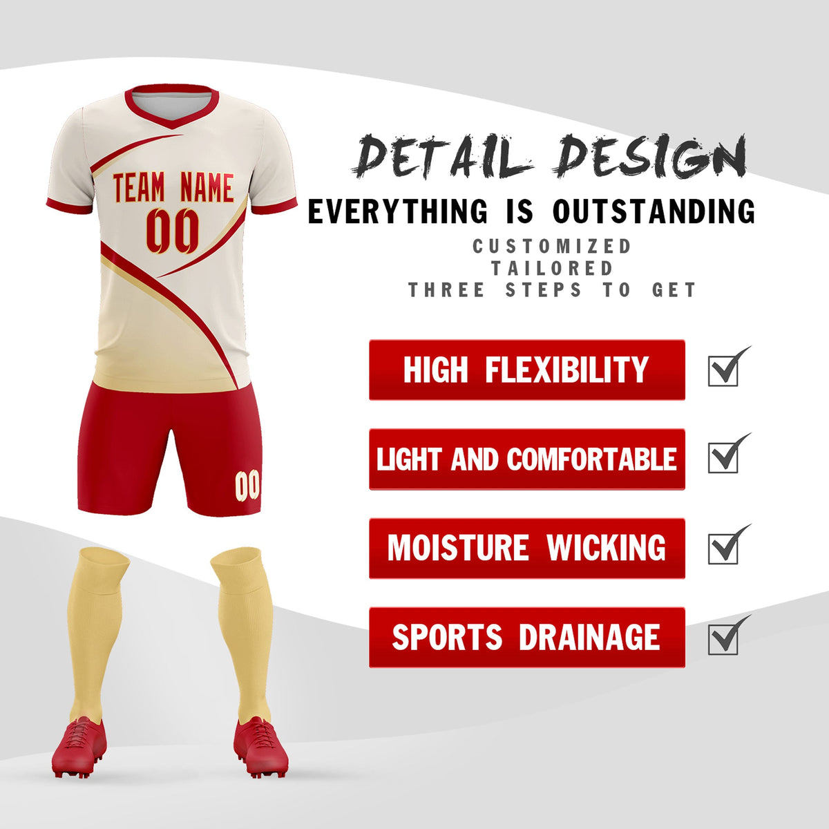 Custom Cream Red Color Block Training Uniform For Men Football Kits Jersey