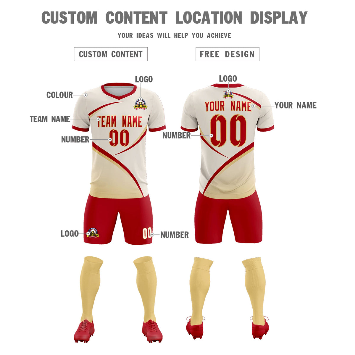 Custom Cream Red Color Block Training Uniform For Men Football Kits Jersey