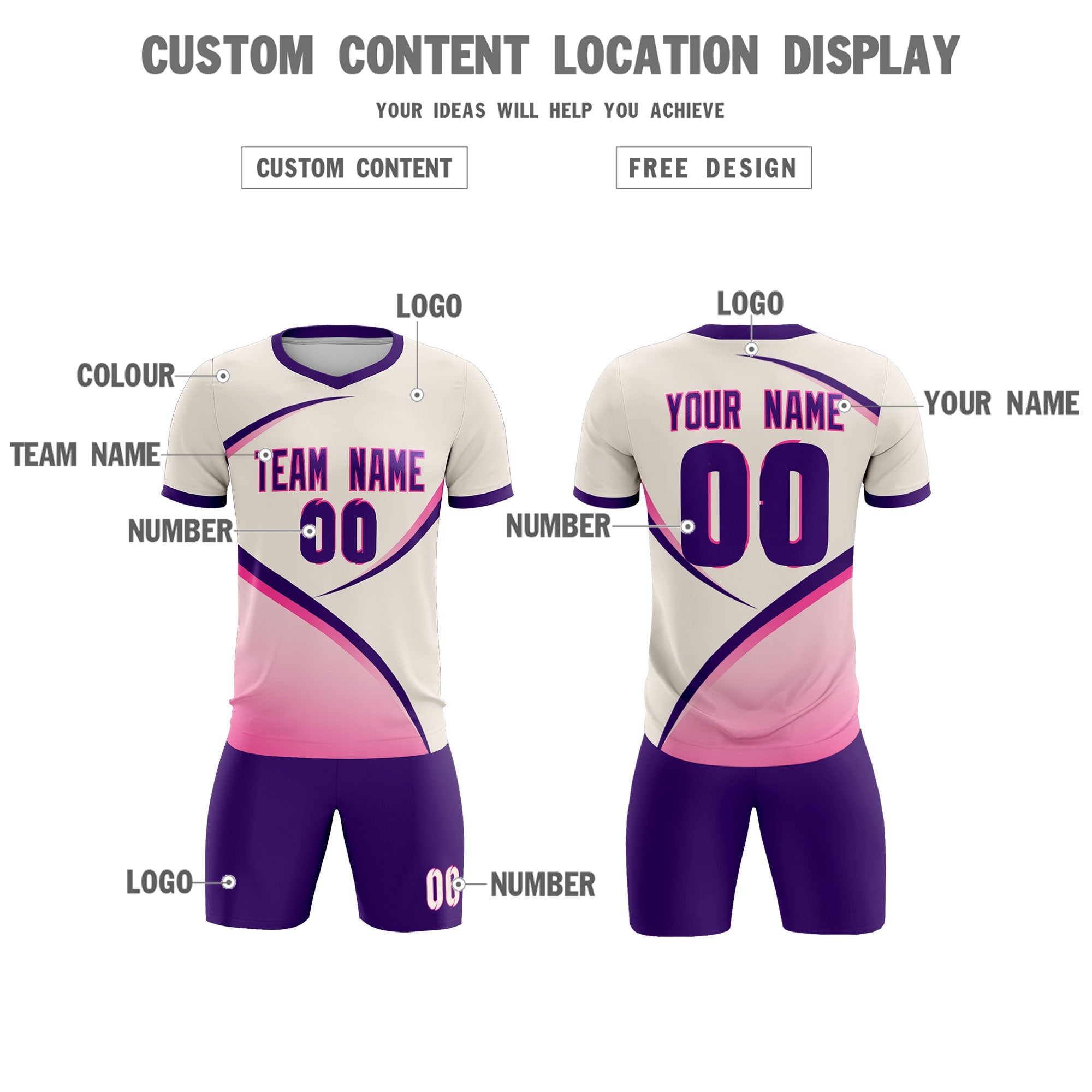 Custom Cream Purple Color Block Training Uniform For Men Soccer Sets Jersey