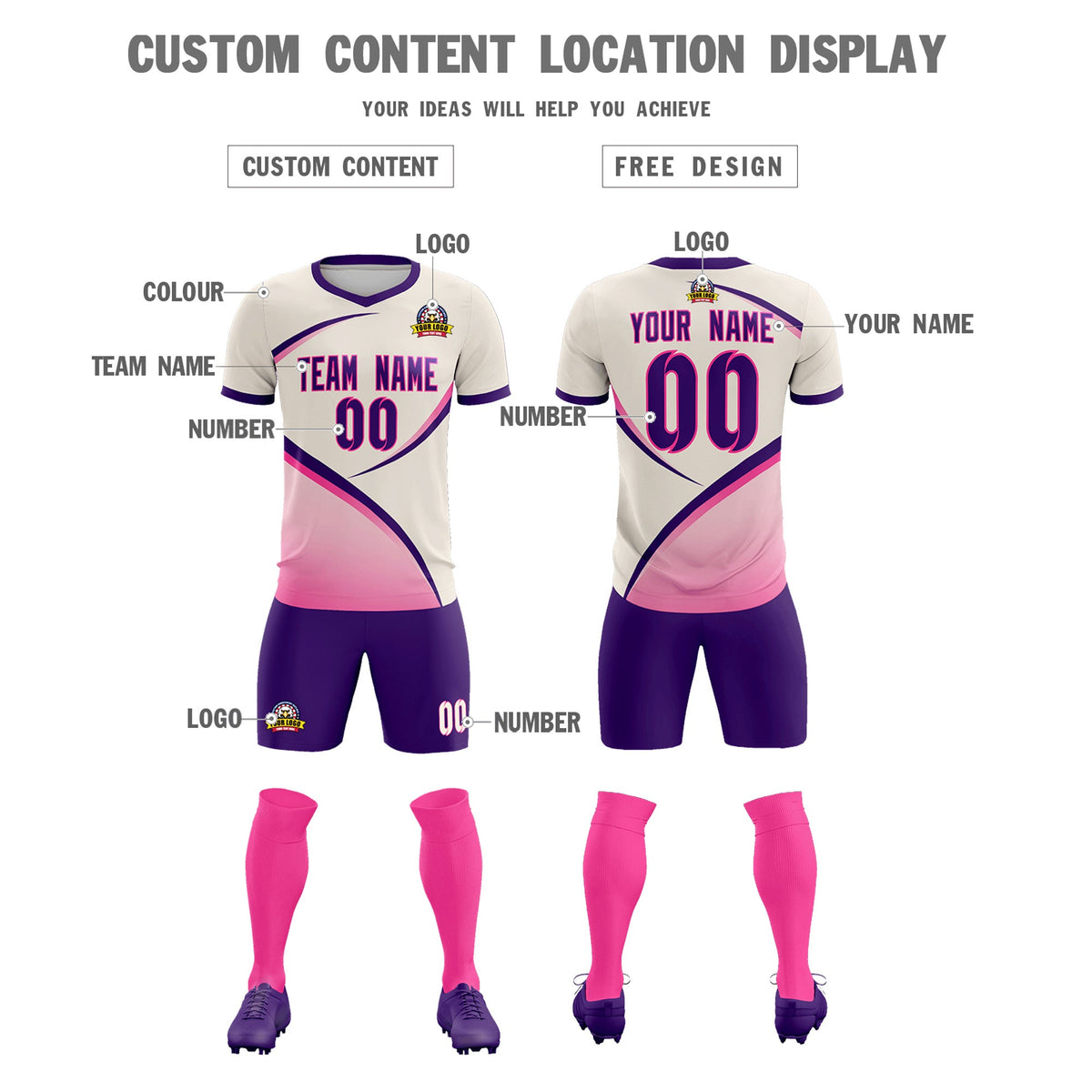 Custom Cream Purple Color Block Training Uniform For Men Football Kits Jersey