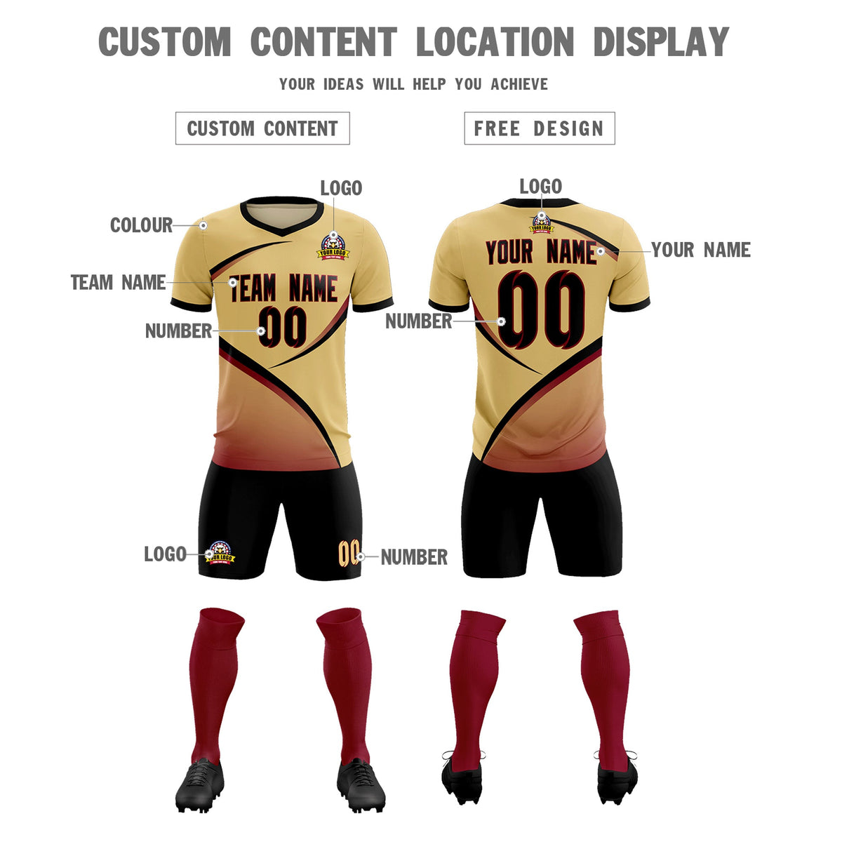 Custom Khaki Black Color Block Training Uniform For Men Football Kits Jersey