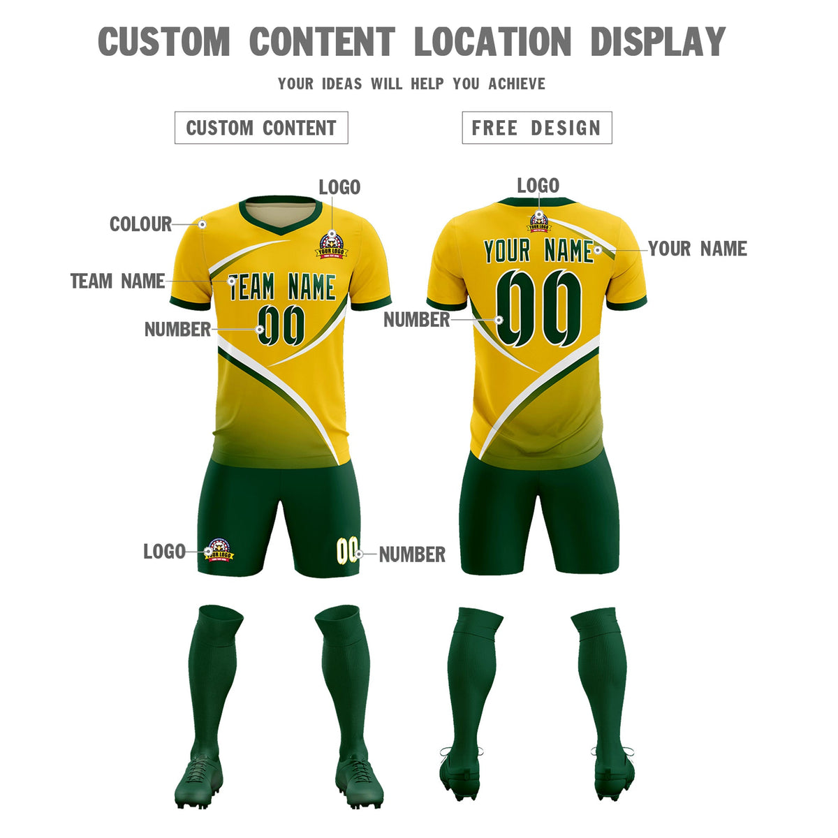 Custom Gold Green Color Block Training Uniform For Men Soccer Sets Jersey