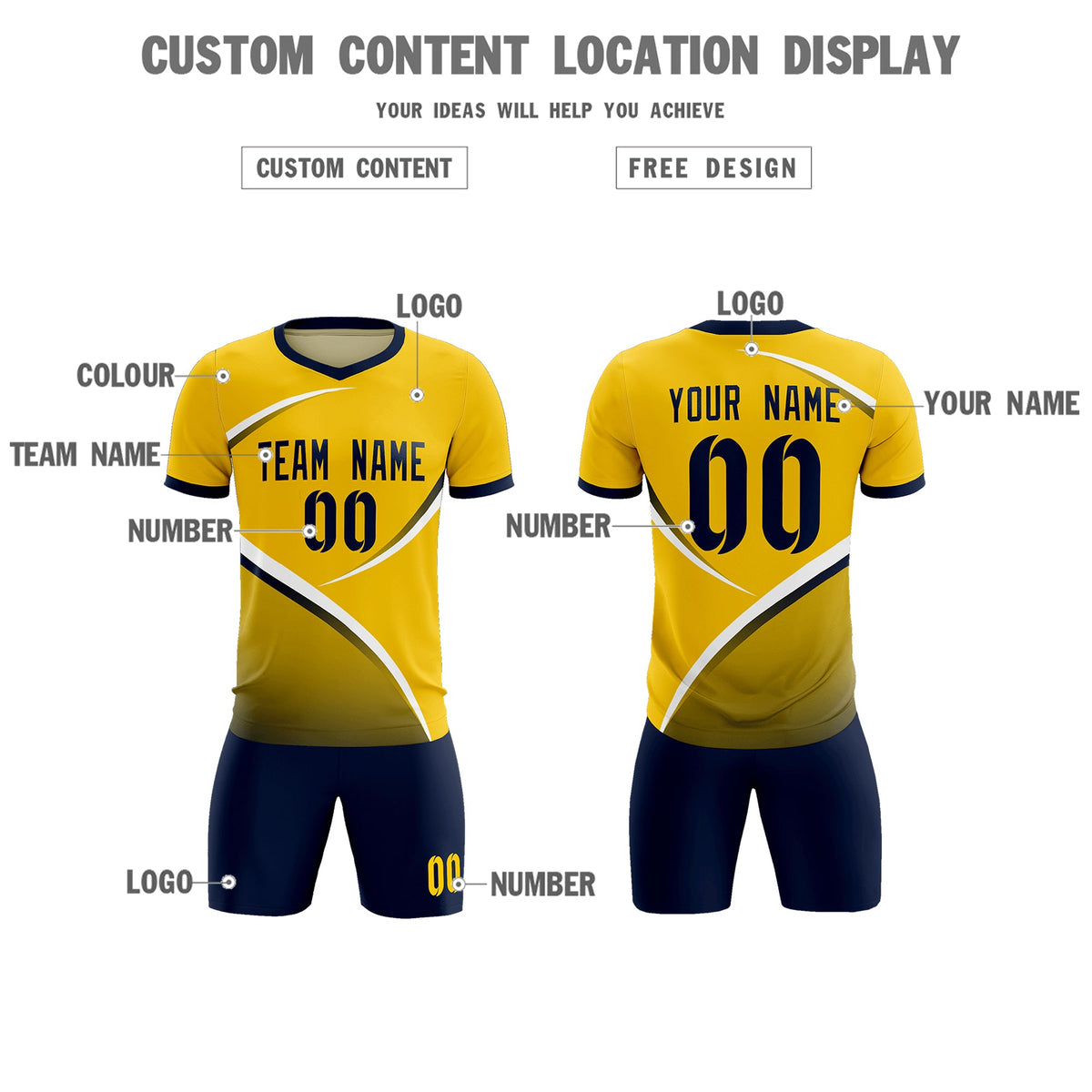 Custom Gold Navy Color Block Training Uniform For Men Soccer Sets Jersey