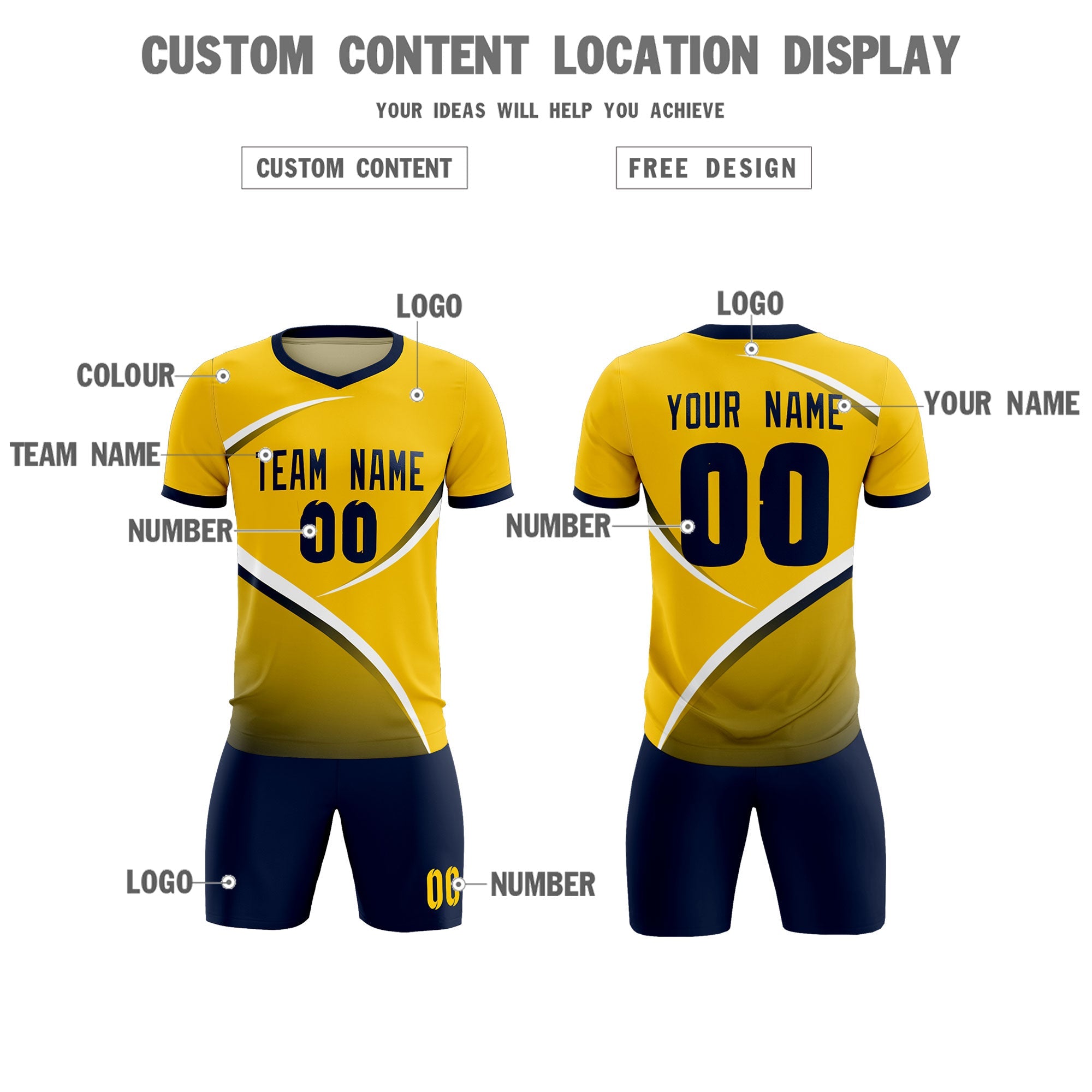 Custom Gold Navy Color Block Training Uniform For Men Soccer Sets Jersey