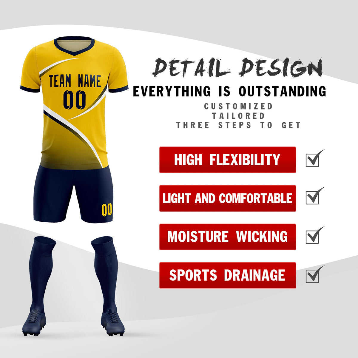 Custom Gold Navy Color Block Training Uniform For Men Soccer Sets Jersey