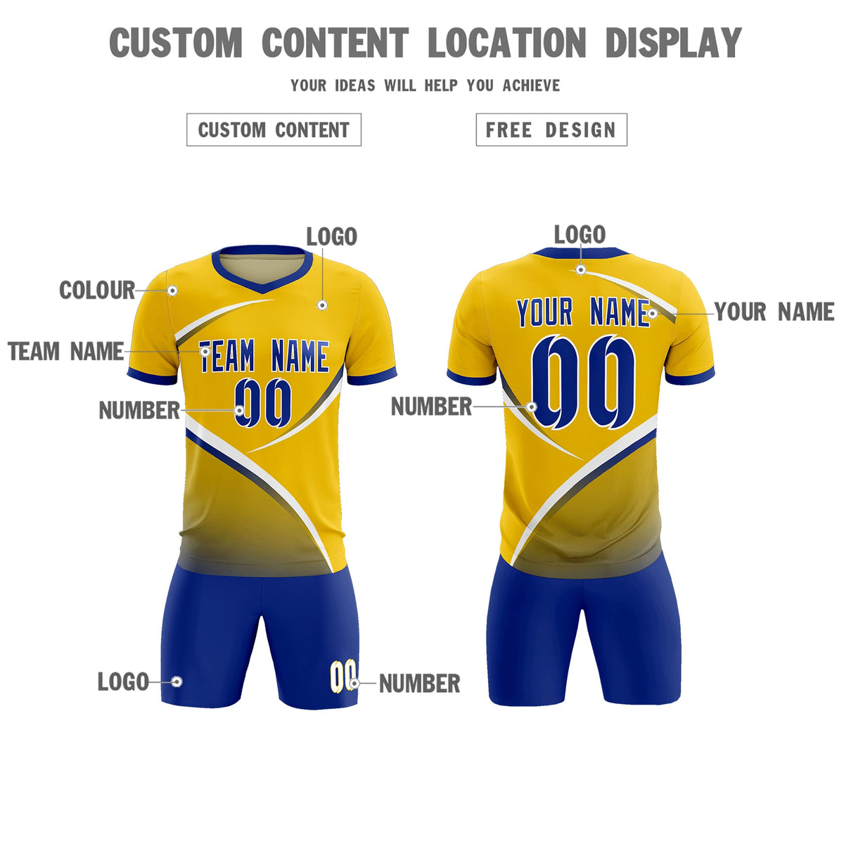 Custom Gold Royal Color Block Training Uniform For Men Soccer Sets Jersey