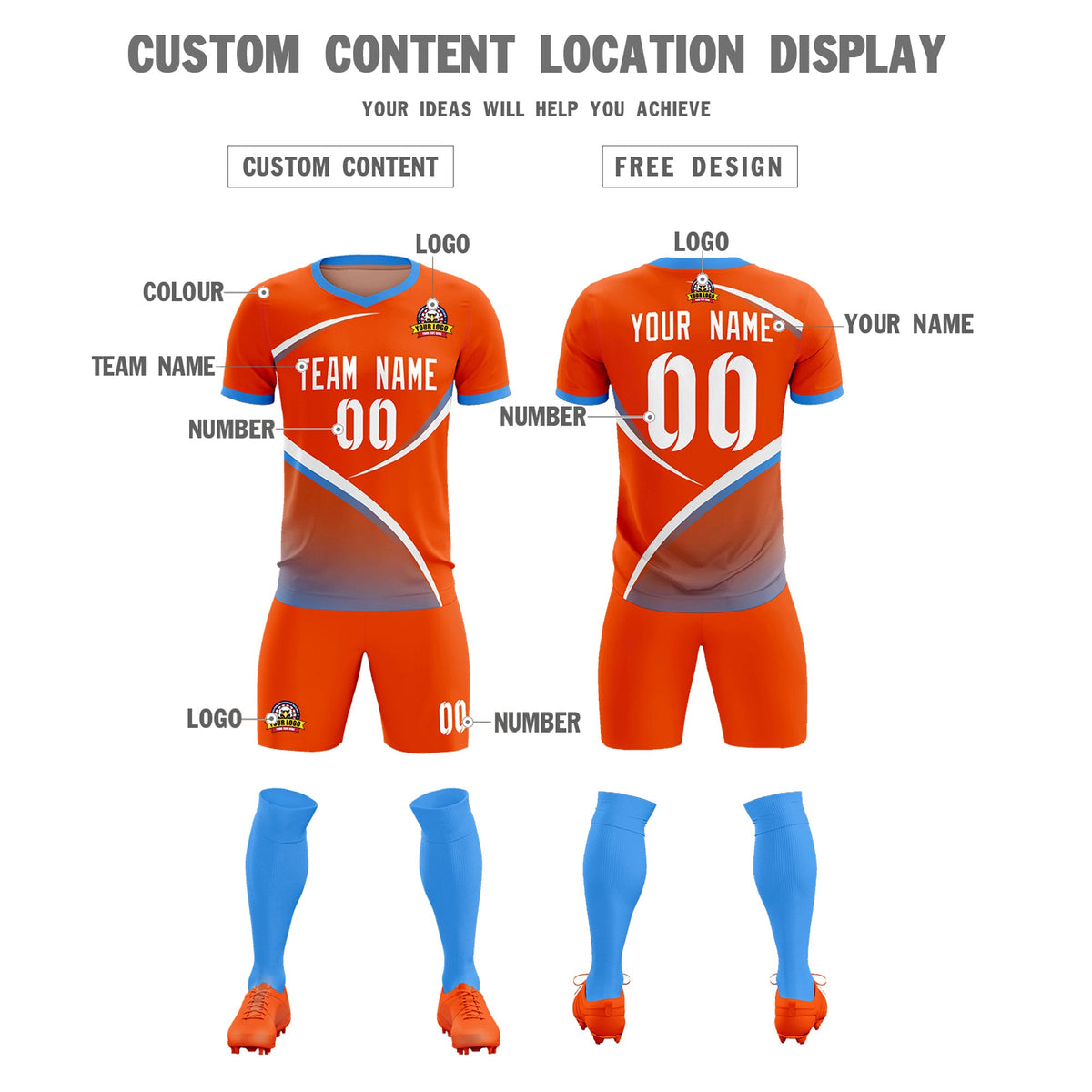 Custom Orange Powder Blue Color Block Training Uniform For Men Soccer Sets Jersey