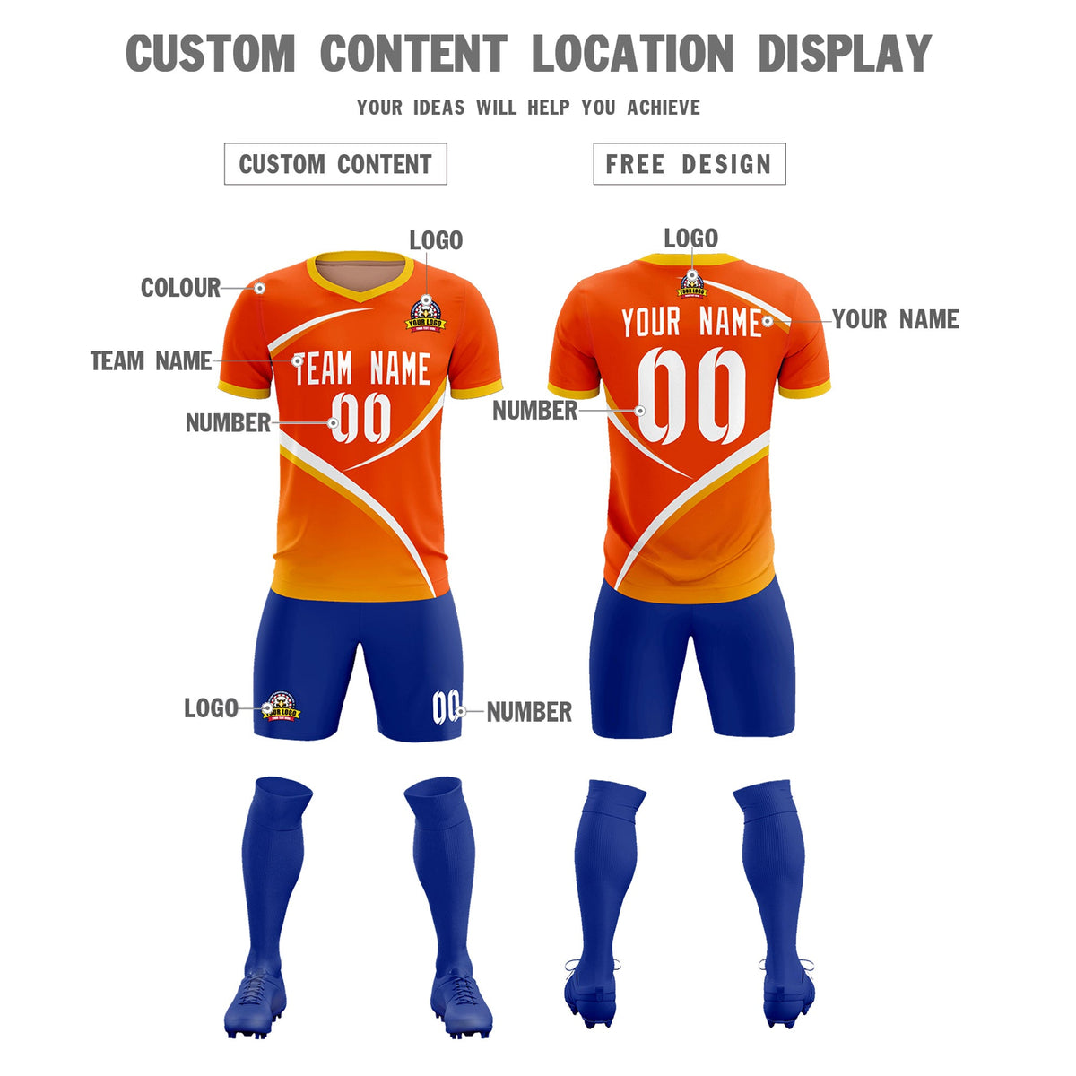 Custom Orange Gold Color Block Training Uniform For Men Soccer Sets Jersey