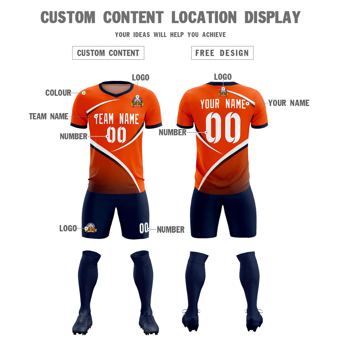 Custom Orange Navy Color Block Training Uniform For Men Soccer Sets Jersey