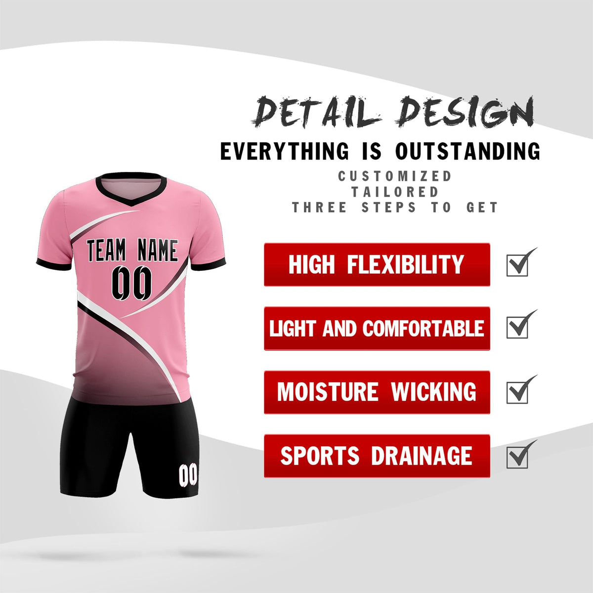 Custom Light Pink Black Color Block Training Uniform For Men Football Kits Jersey