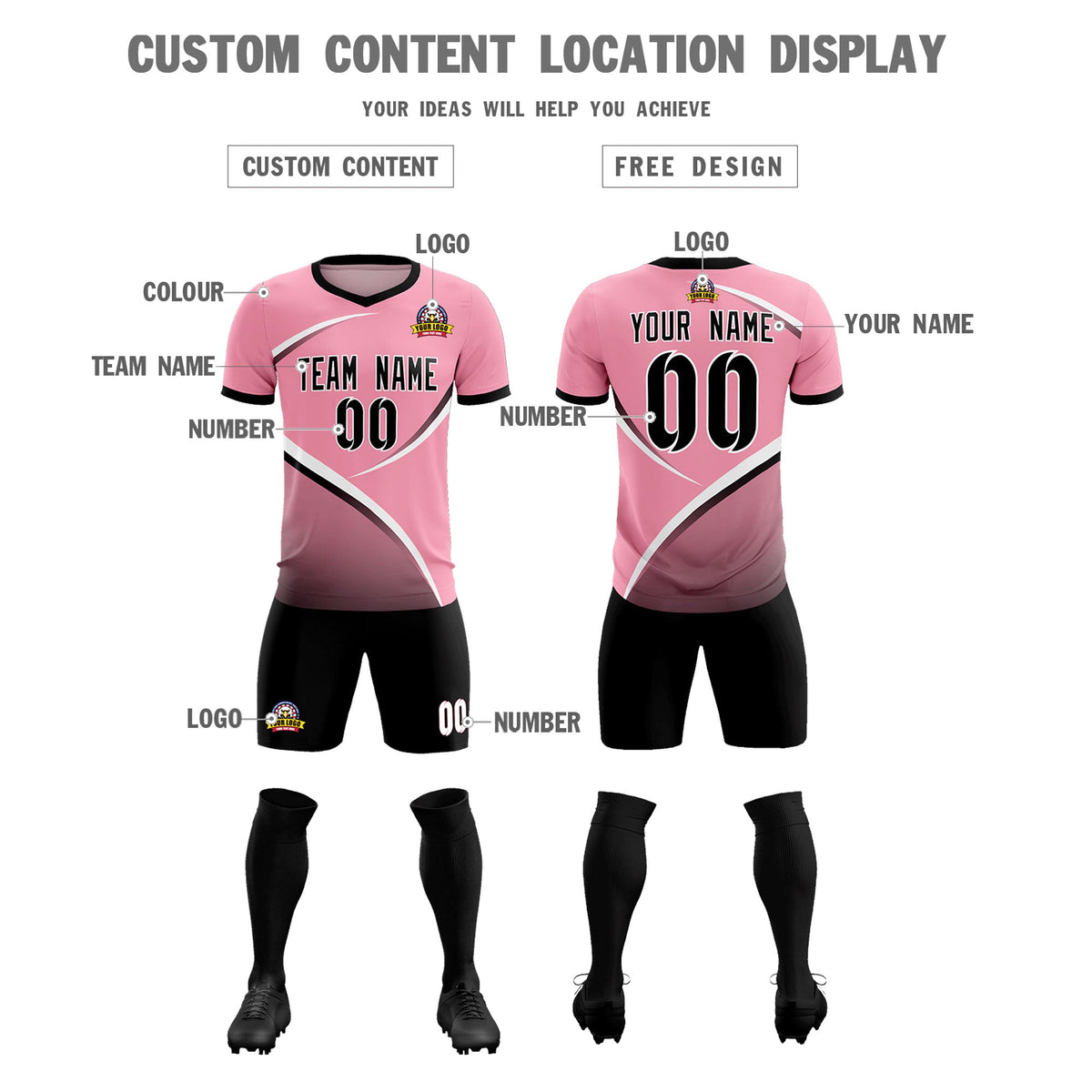 Custom Light Pink Black Color Block Training Uniform For Men Football Kits Jersey