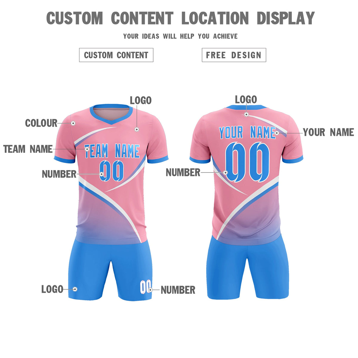 Custom Light Pink Powder Blue Color Block Training Uniform For Men Football Kits Jersey