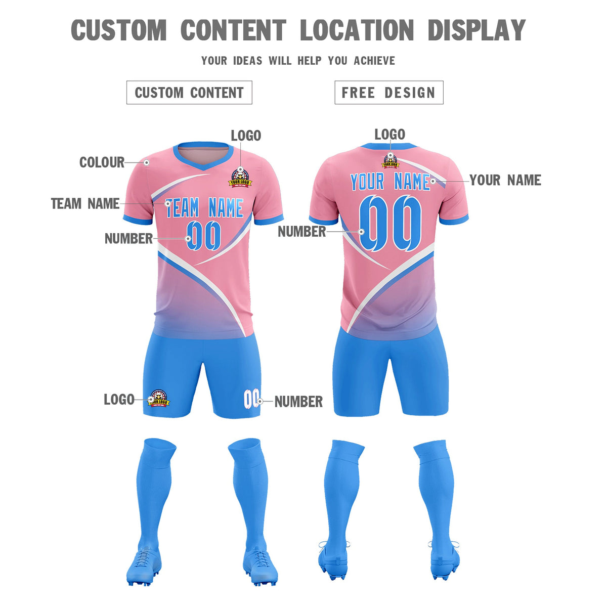Custom Light Pink Powder Blue Color Block Training Uniform For Men Football Kits Jersey