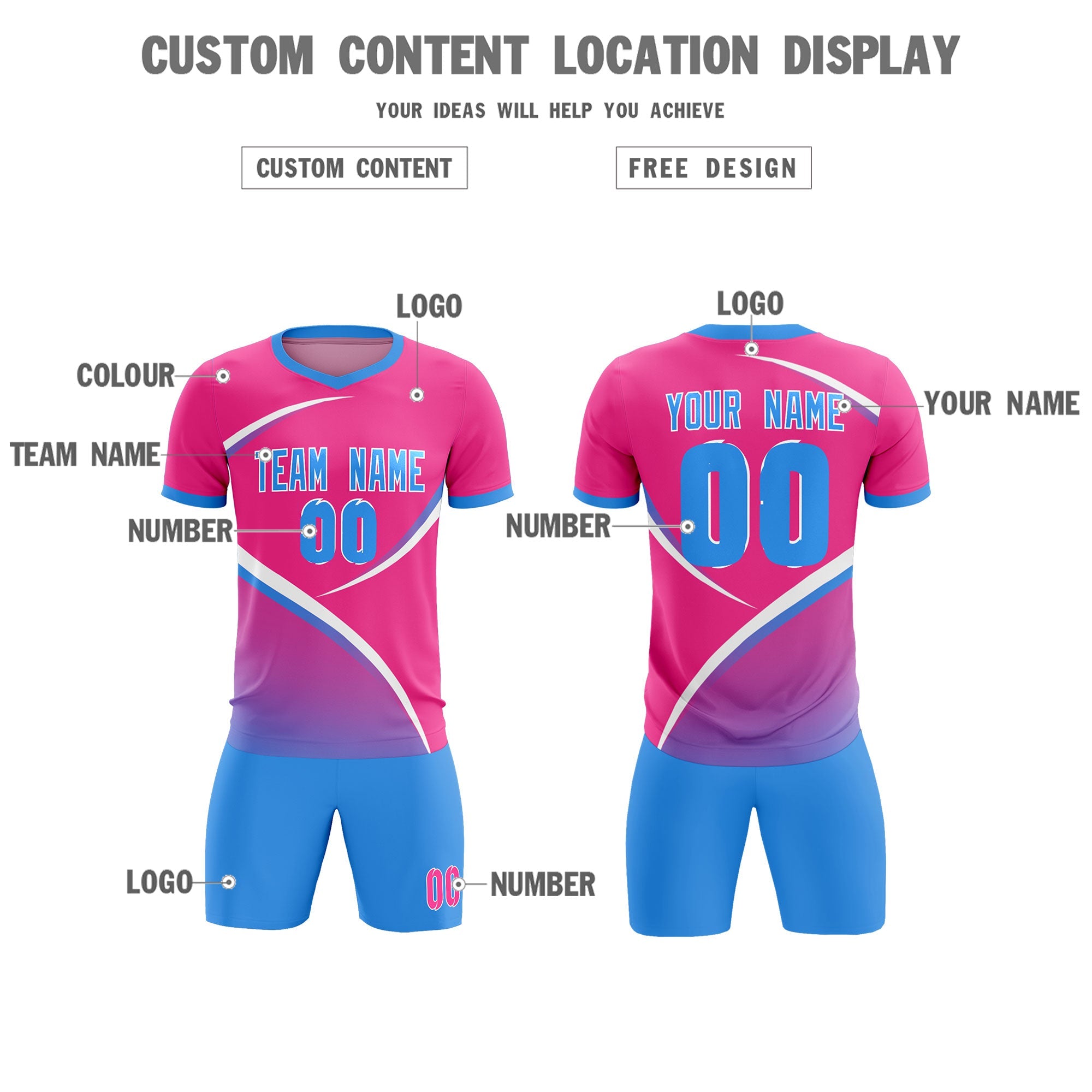 Custom Pink Powder Blue Color Block Training Uniform For Men Soccer Sets Jersey