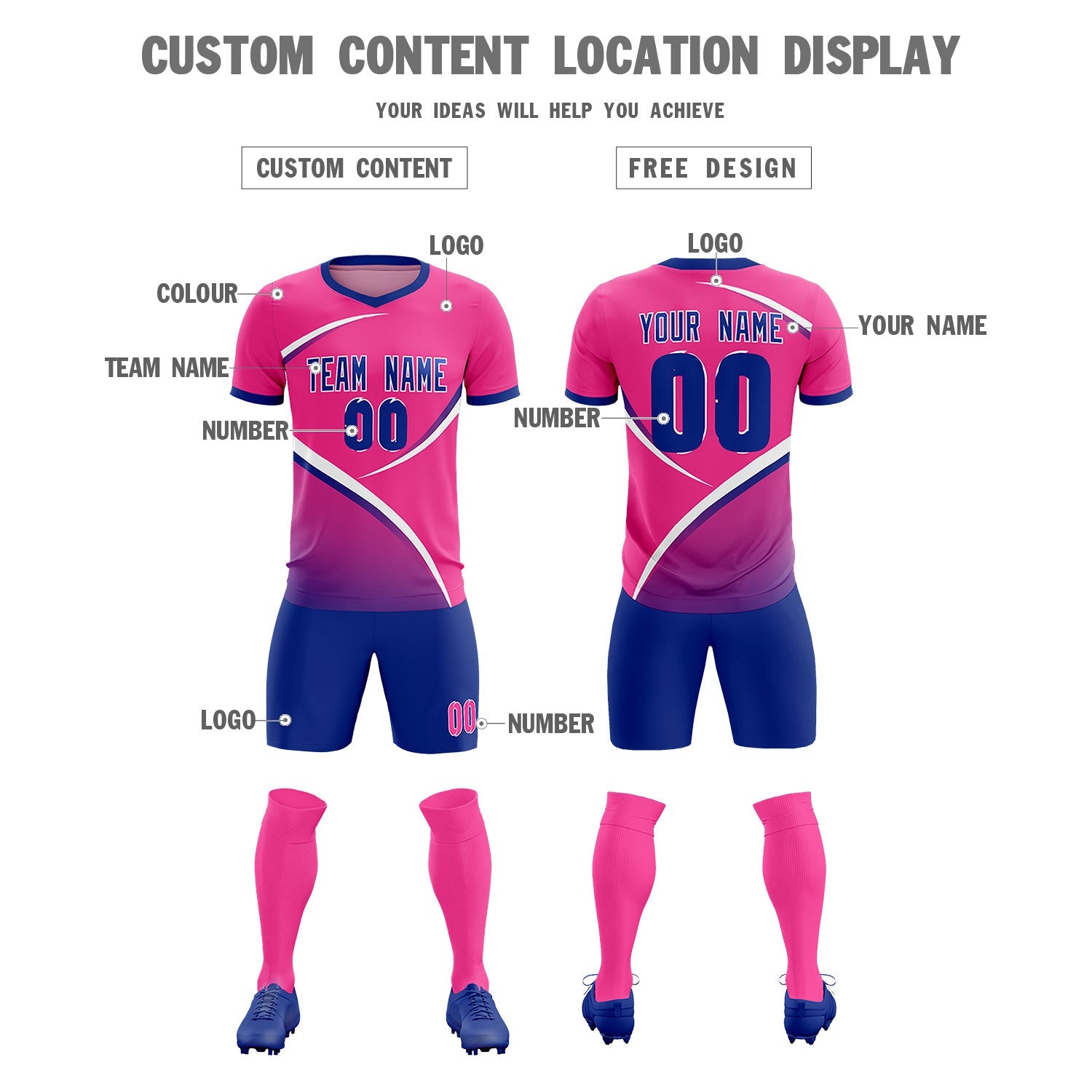 Custom Pink Royal Color Block Training Uniform For Men Soccer Sets Jersey