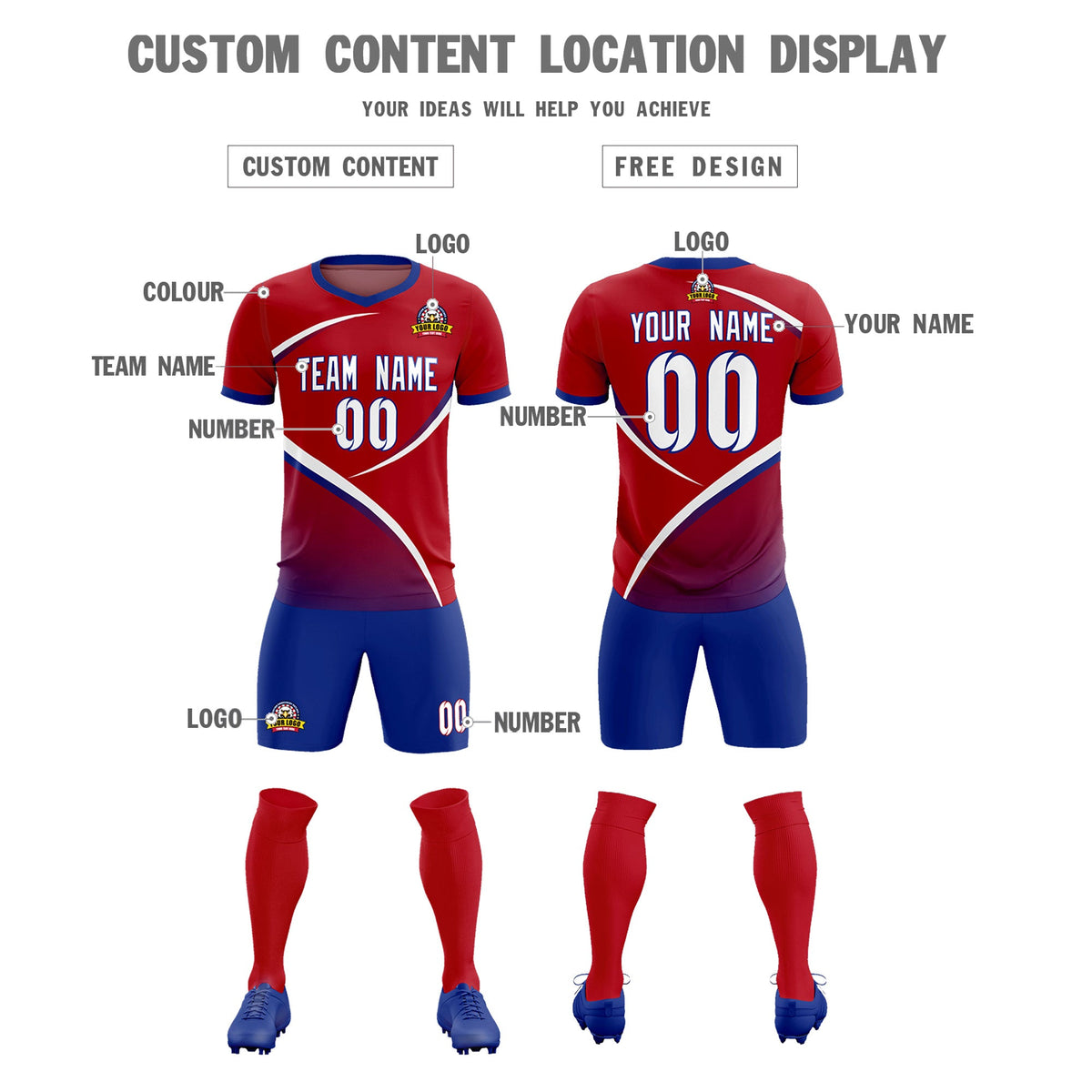 Custom Red Royal Color Block Training Uniform For Men Football Kits Jersey
