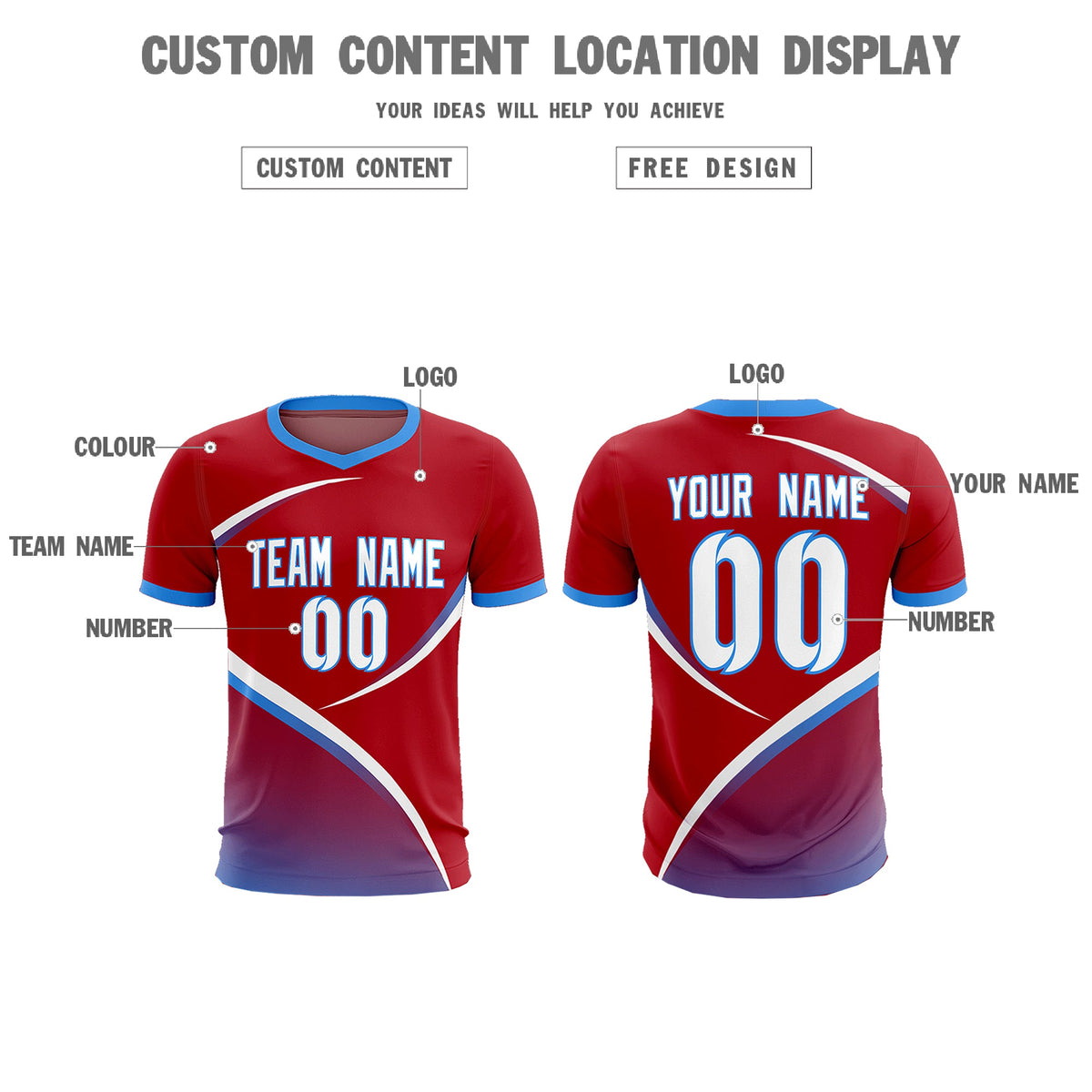 Custom Red Powder Blue Color Block Training Uniform For Men Football Kits Jersey
