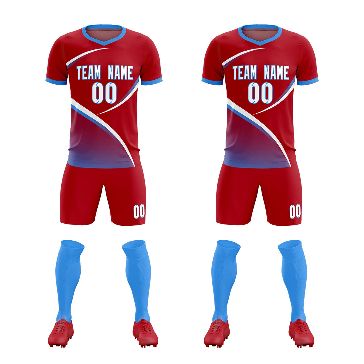 Custom Red Powder Blue Color Block Training Uniform For Men Football Kits Jersey