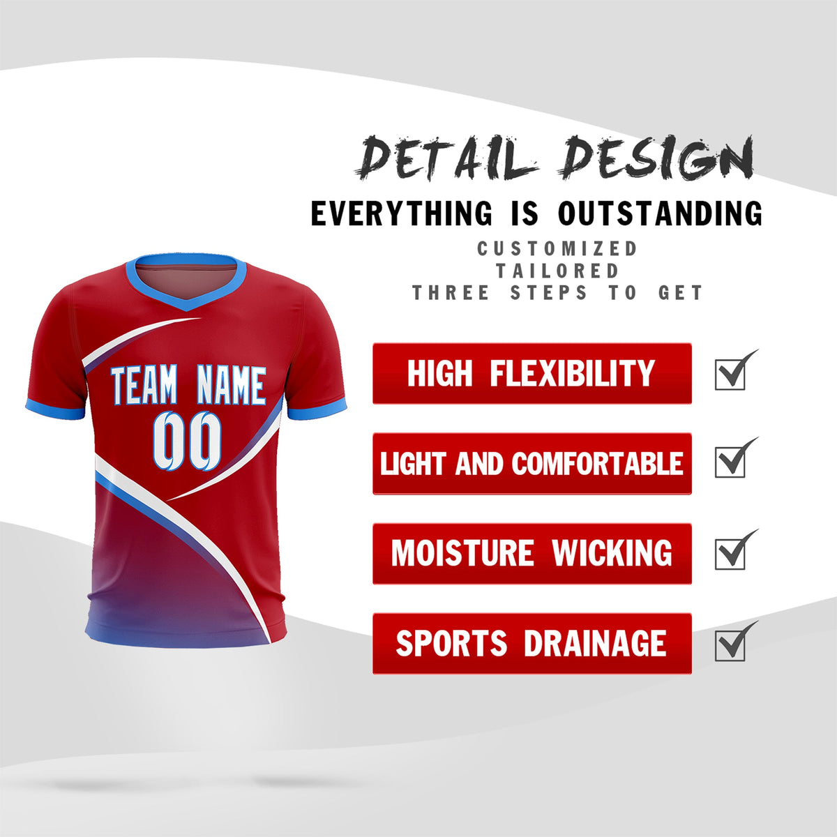 Custom Red Powder Blue Color Block Training Uniform For Men Football Kits Jersey