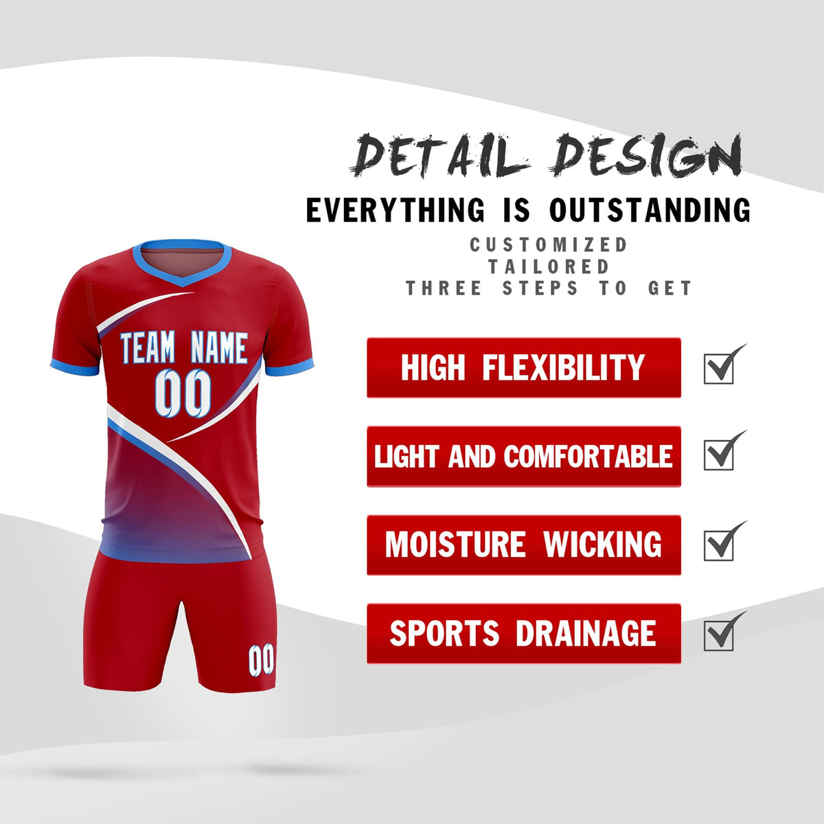 Custom Red Powder Blue Color Block Training Uniform For Men Football Kits Jersey