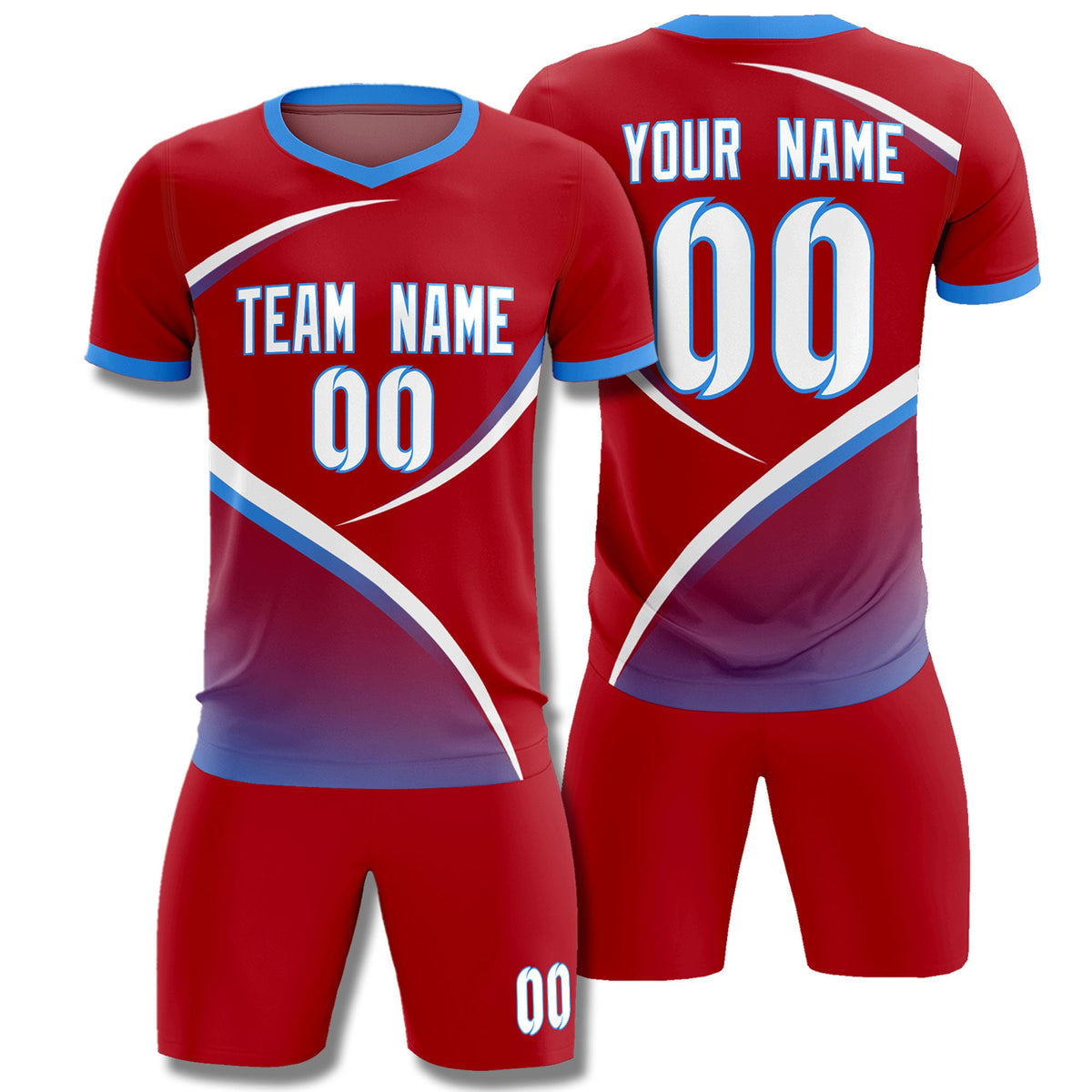 Custom Red Powder Blue Color Block Training Uniform For Men Football Kits Jersey