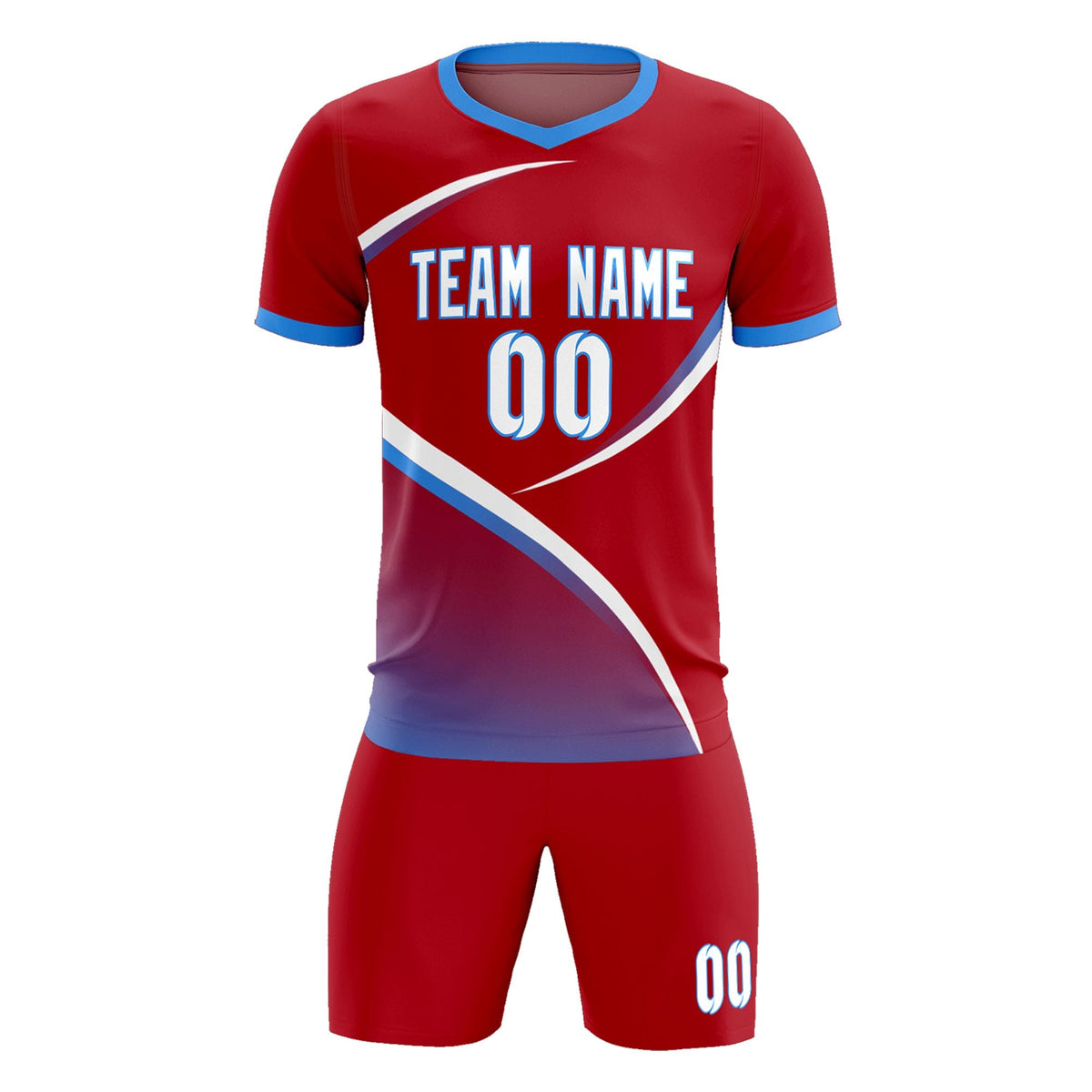 Custom Red Powder Blue Color Block Training Uniform For Men Football Kits Jersey