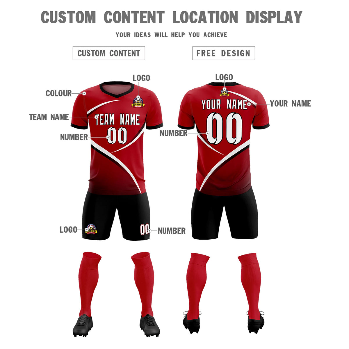 Custom Red Black Color Block Training Uniform For Men Football Kits Jersey