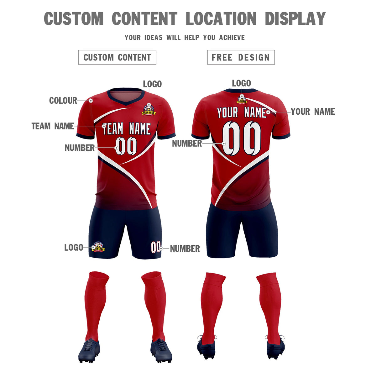 Custom Red Navy Color Block Training Uniform For Men Football Kits Jersey