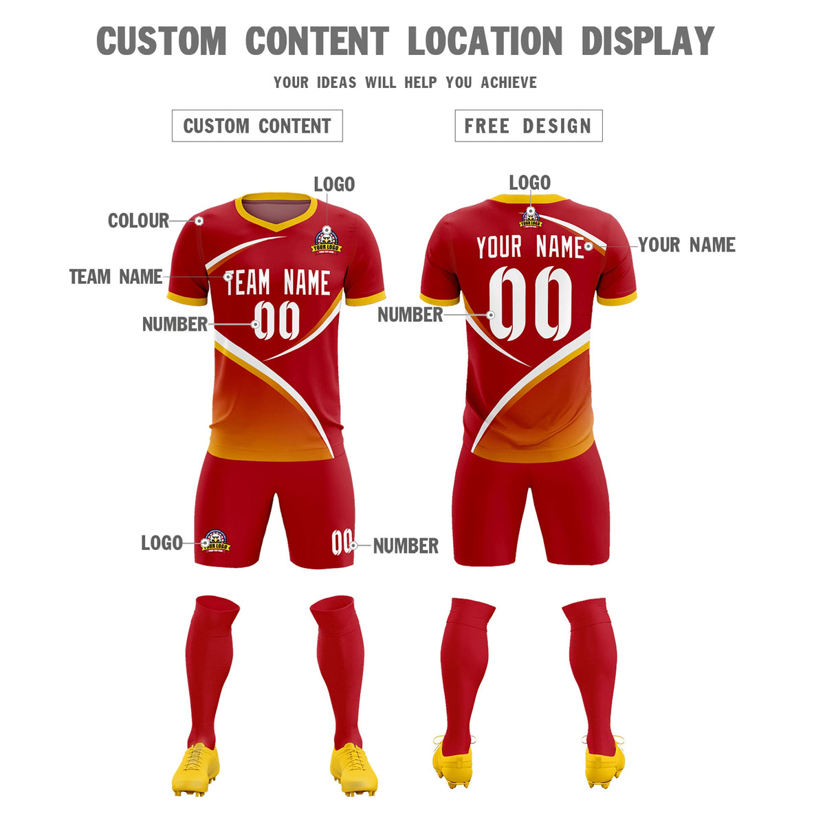 Custom Red Gold Color Block Training Uniform For Men Football Kits Jersey