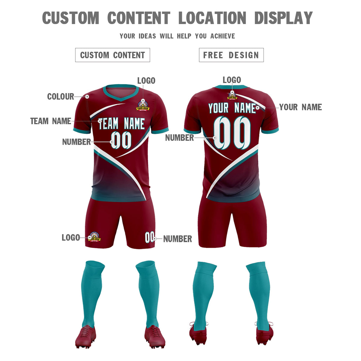 Custom Crimson Aqua Color Block Training Uniform For Men Football Kits Jersey