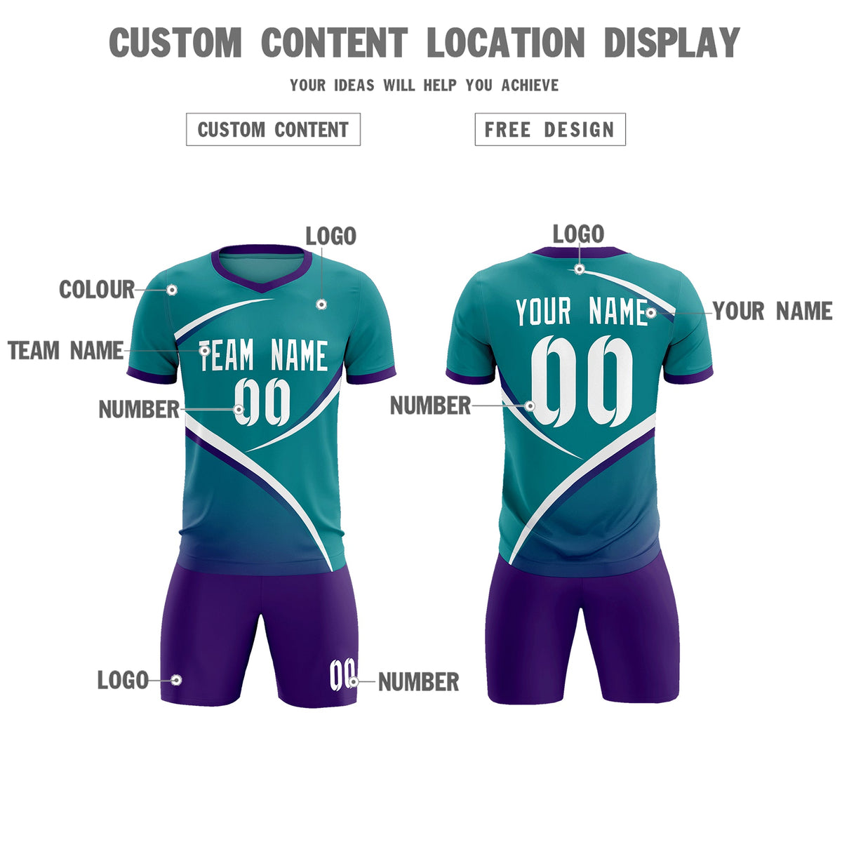 Custom Aqua Purple Color Block Training Uniform For Men Soccer Sets Jersey
