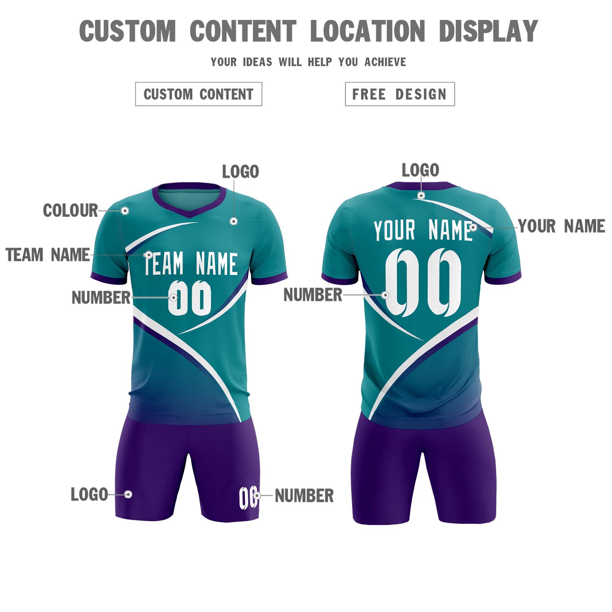 Custom Aqua Purple Color Block Training Uniform For Men Soccer Sets Jersey