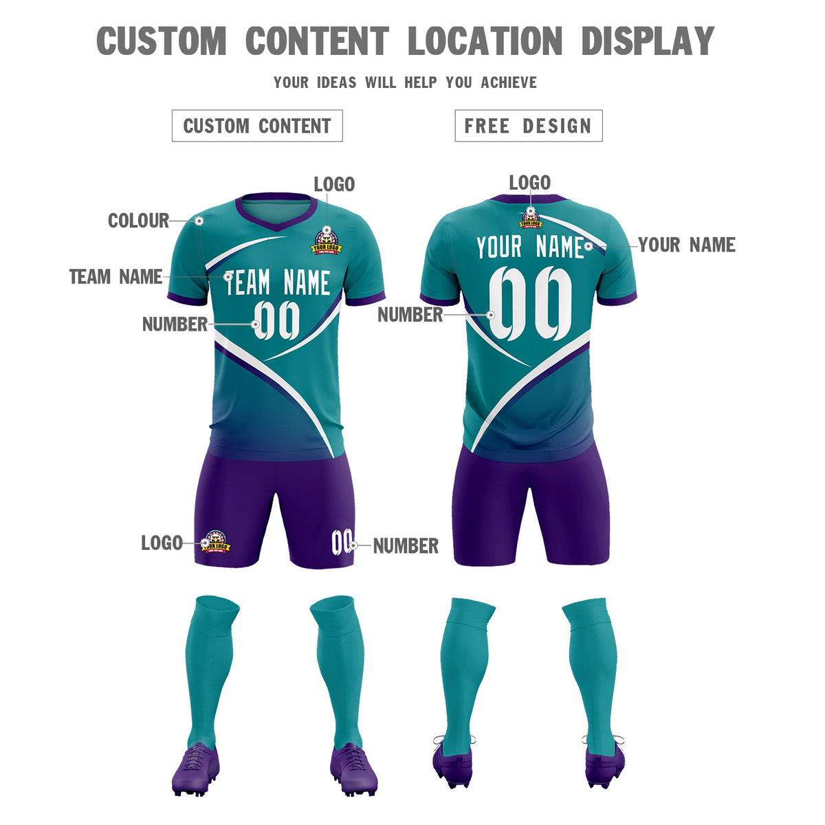 Custom Aqua Purple Color Block Training Uniform For Men Soccer Sets Jersey