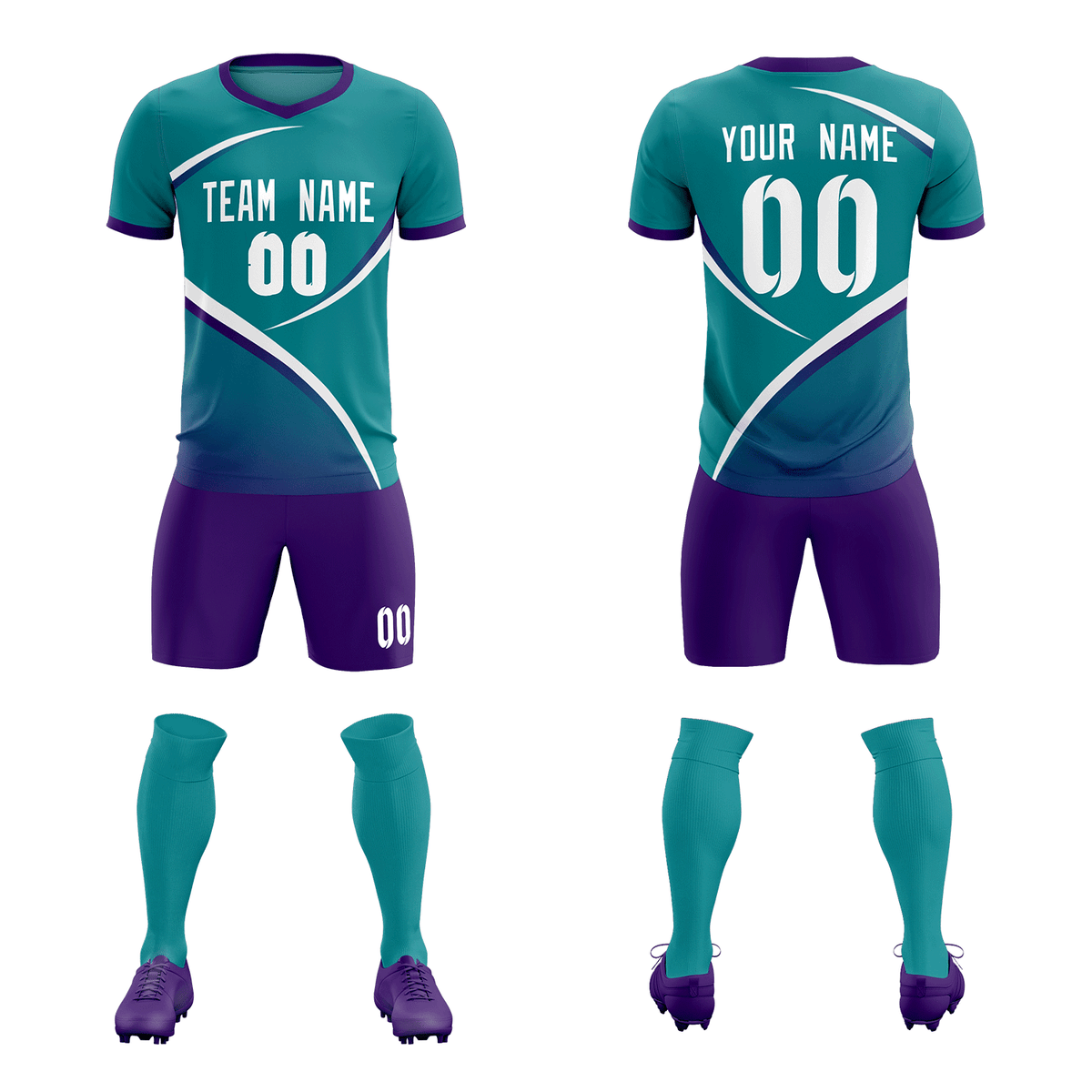 Custom Aqua Purple Color Block Training Uniform For Men Soccer Sets Jersey