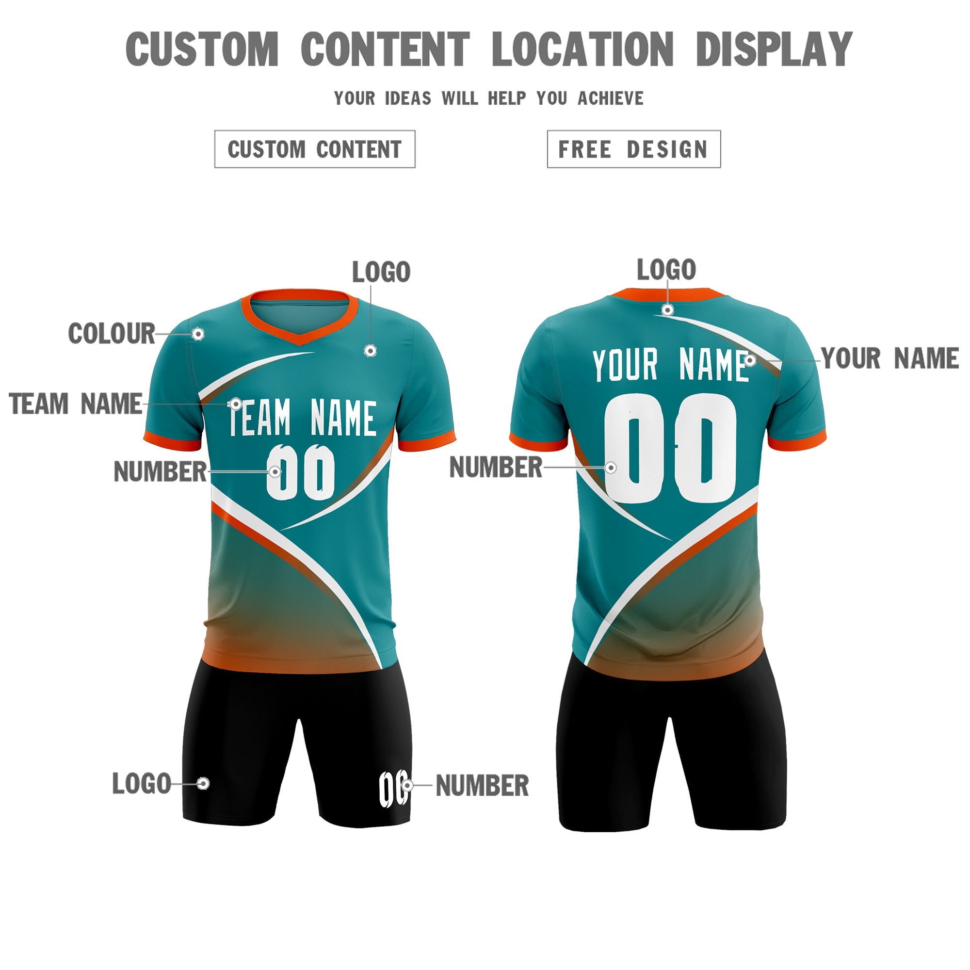 Custom Aqua Orange Color Block Training Uniform For Men Soccer Sets Jersey