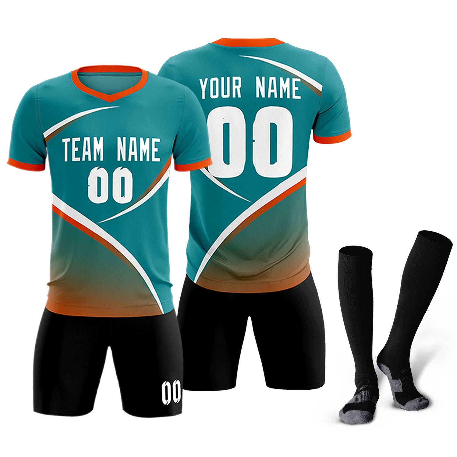 Custom Aqua Orange Color Block Training Uniform For Men Soccer Sets Jersey