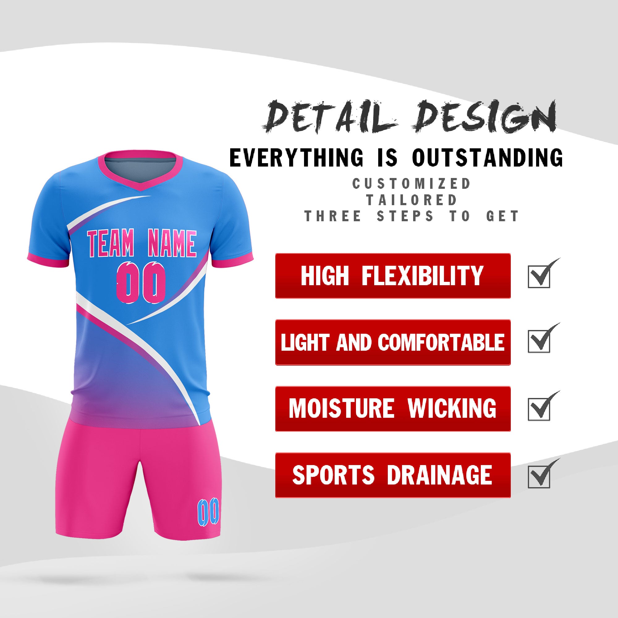 Custom Powder Blue Pink Color Block Training Uniform For Men Soccer Sets Jersey