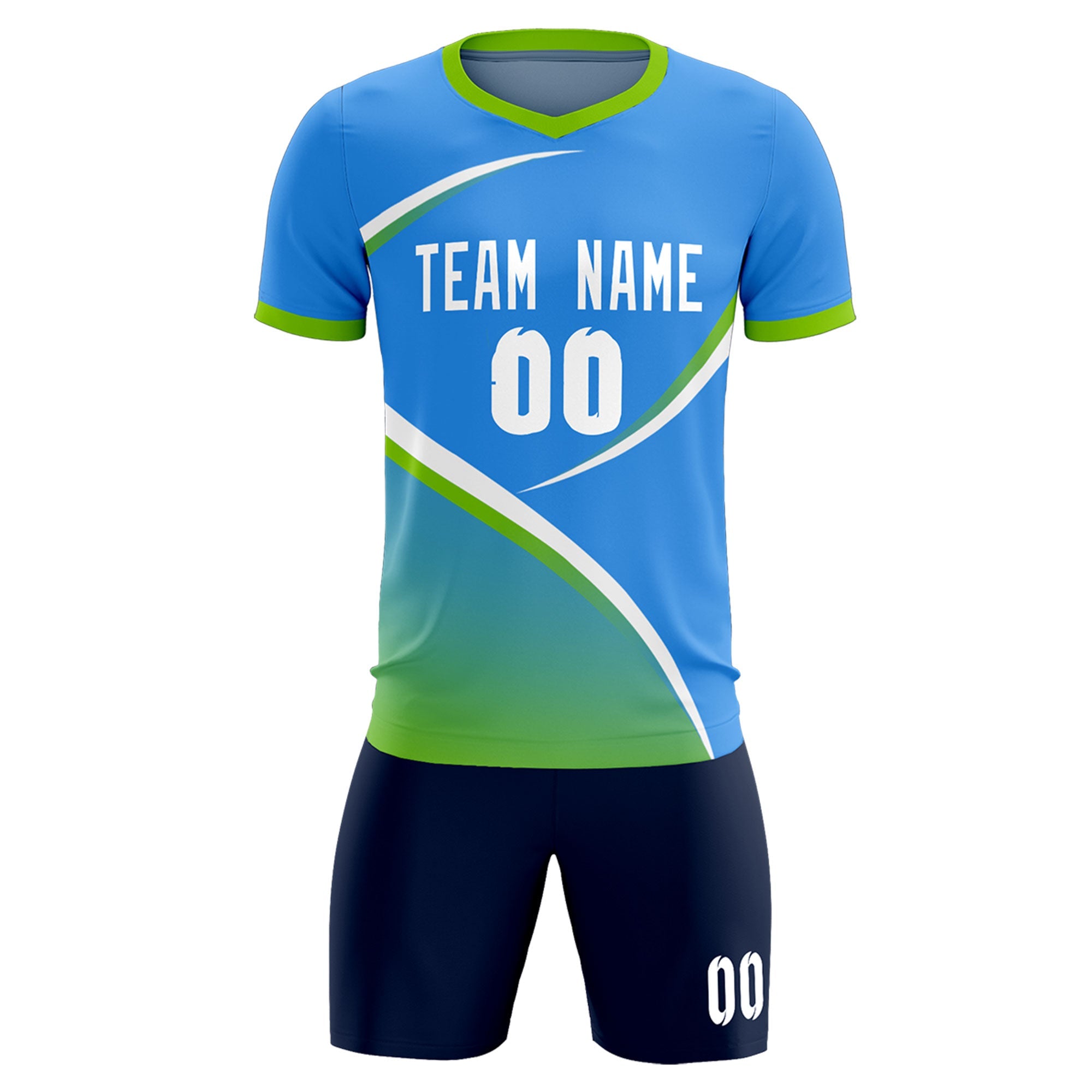 Custom Powder Blue Neon Green Color Block Training Uniform For Men Soccer Sets Jersey
