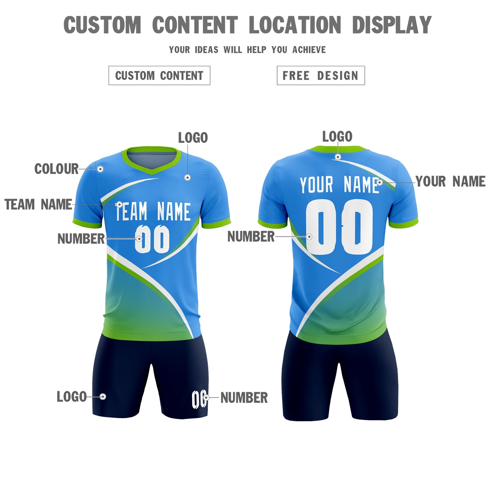 Custom Powder Blue Neon Green Color Block Training Uniform For Men Soccer Sets Jersey