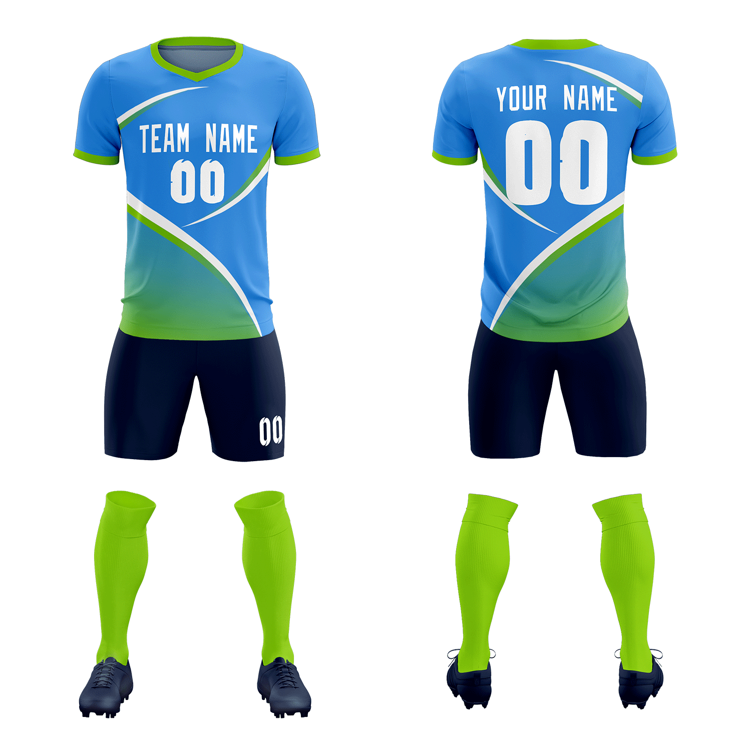 Custom Powder Blue Neon Green Color Block Training Uniform For Men Soccer Sets Jersey