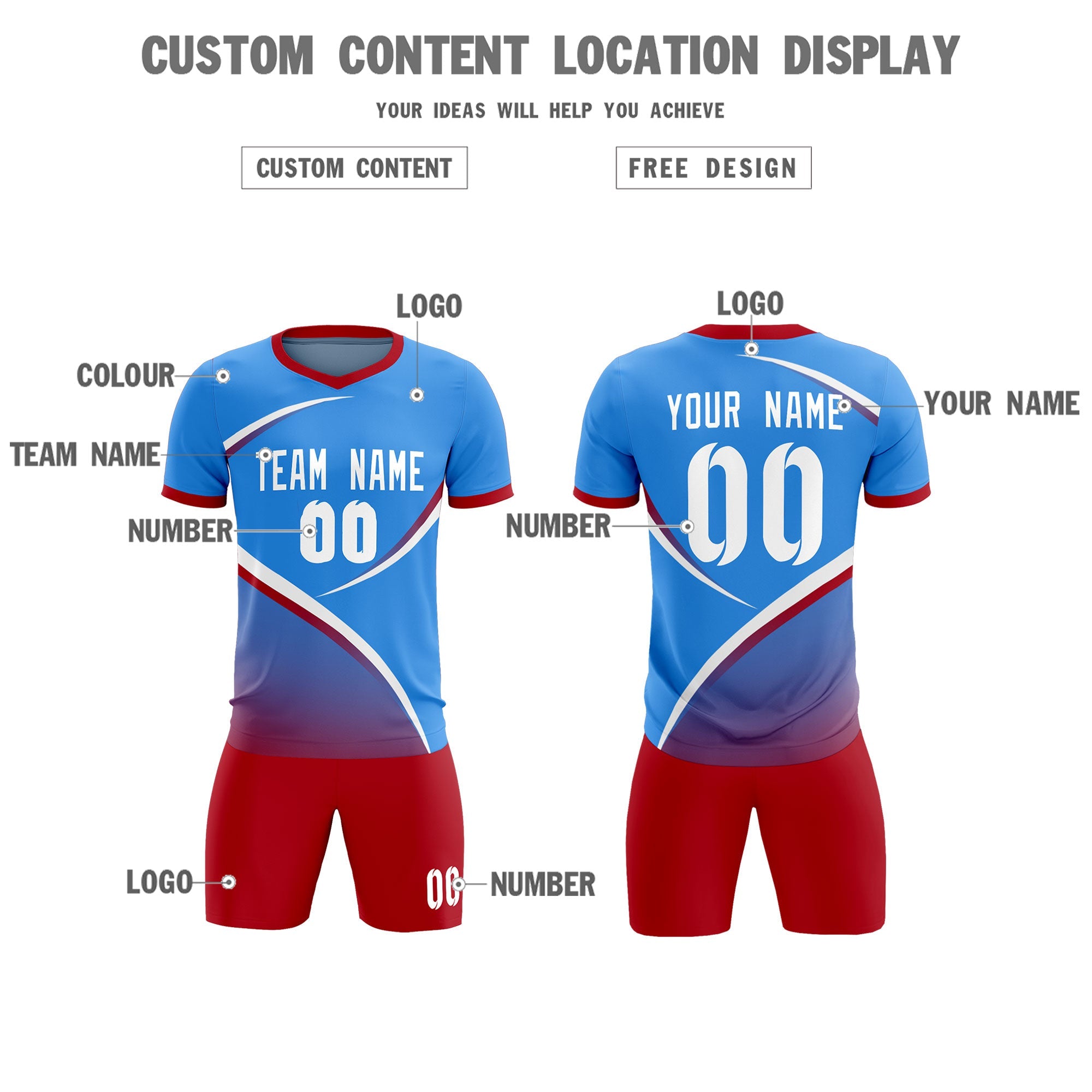 Custom Powder Blue Red Color Block Training Uniform For Men Soccer Sets Jersey