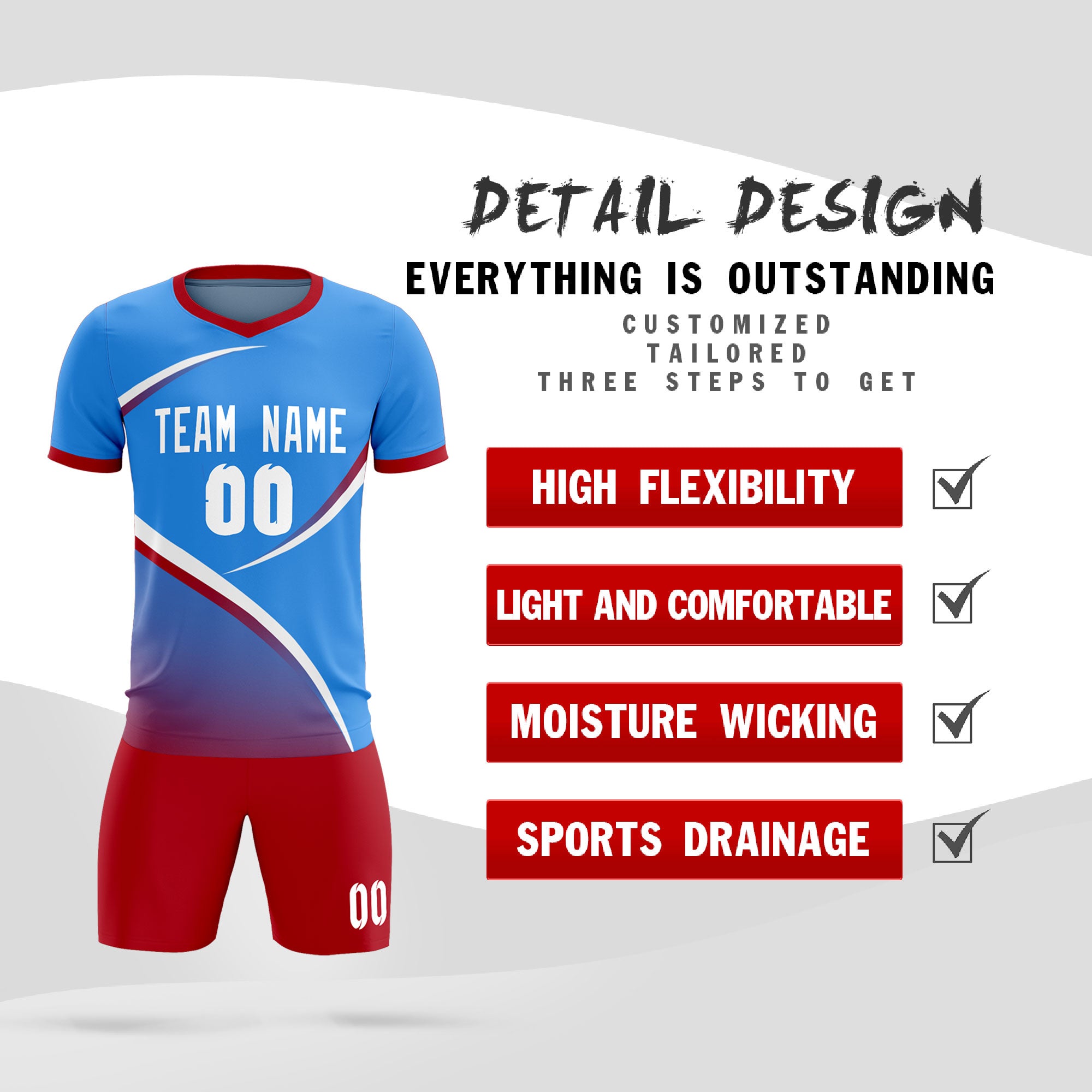 Custom Powder Blue Red Color Block Training Uniform For Men Soccer Sets Jersey