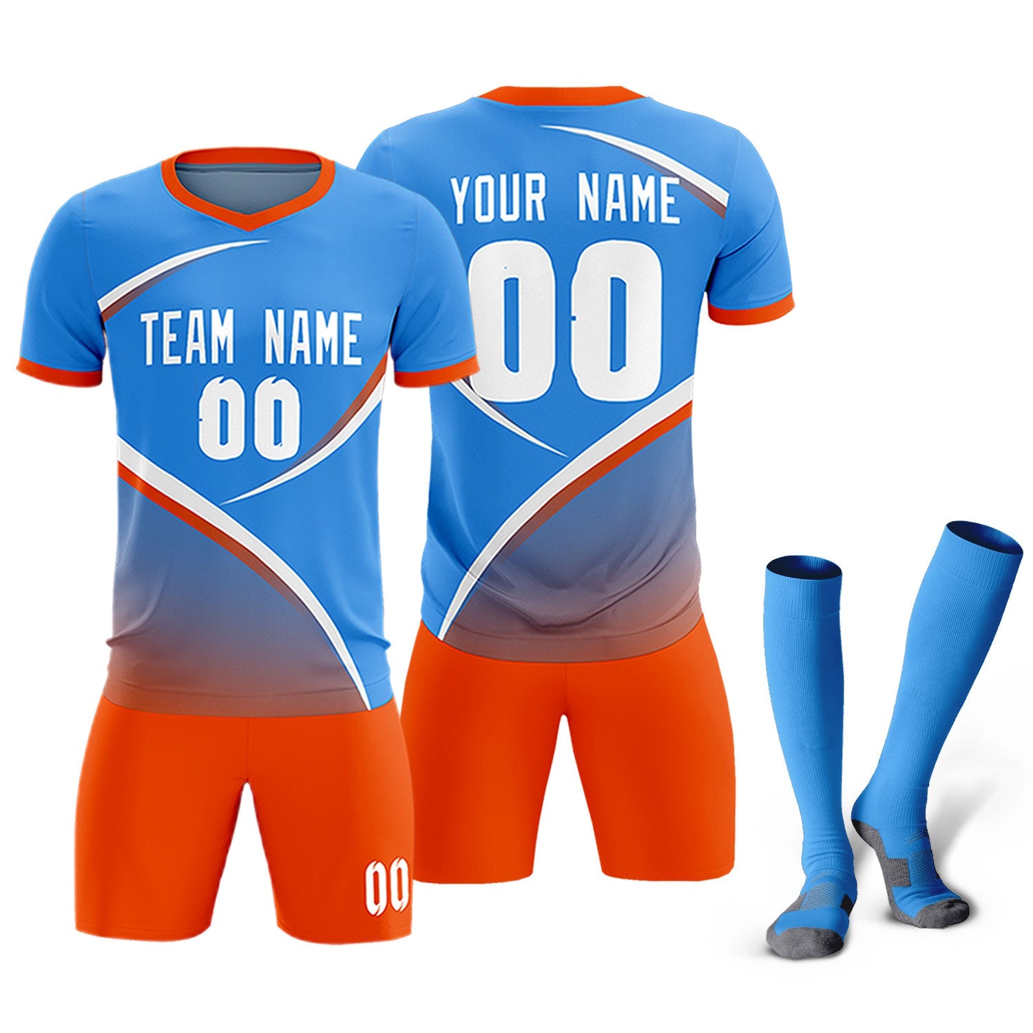 Custom Powder Blue Orange Color Block Training Uniform For Men Soccer Sets Jersey