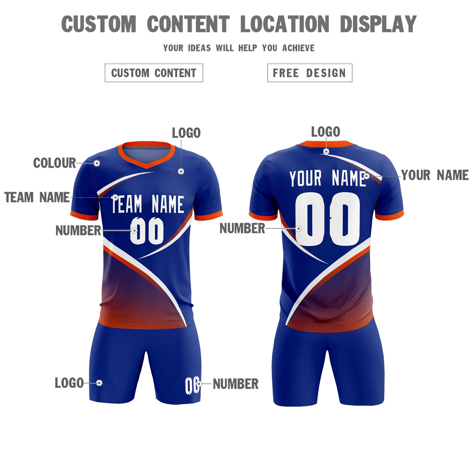 Custom Royal Orange Color Block Training Uniform For Men Soccer Sets Jersey