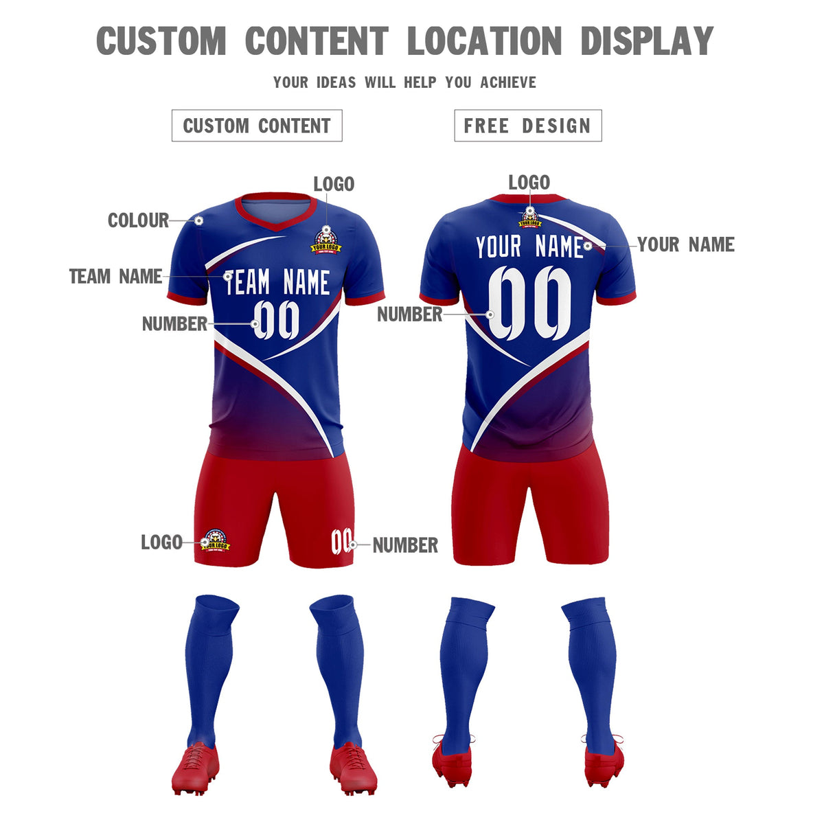 Custom Royal Red Color Block Training Uniform For Men Soccer Sets Jersey