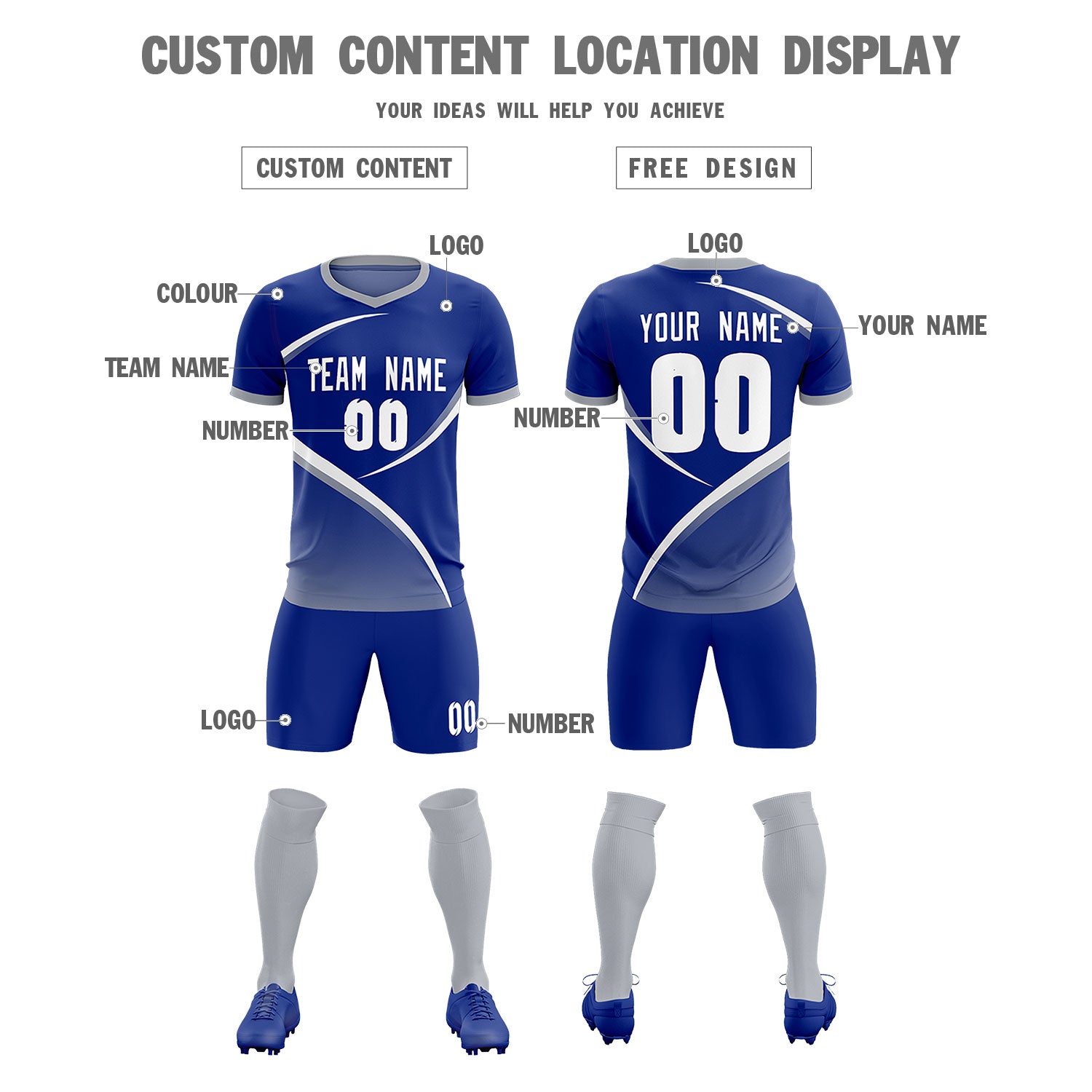 Custom Royal Gray Color Block Training Uniform For Men Soccer Sets Jersey