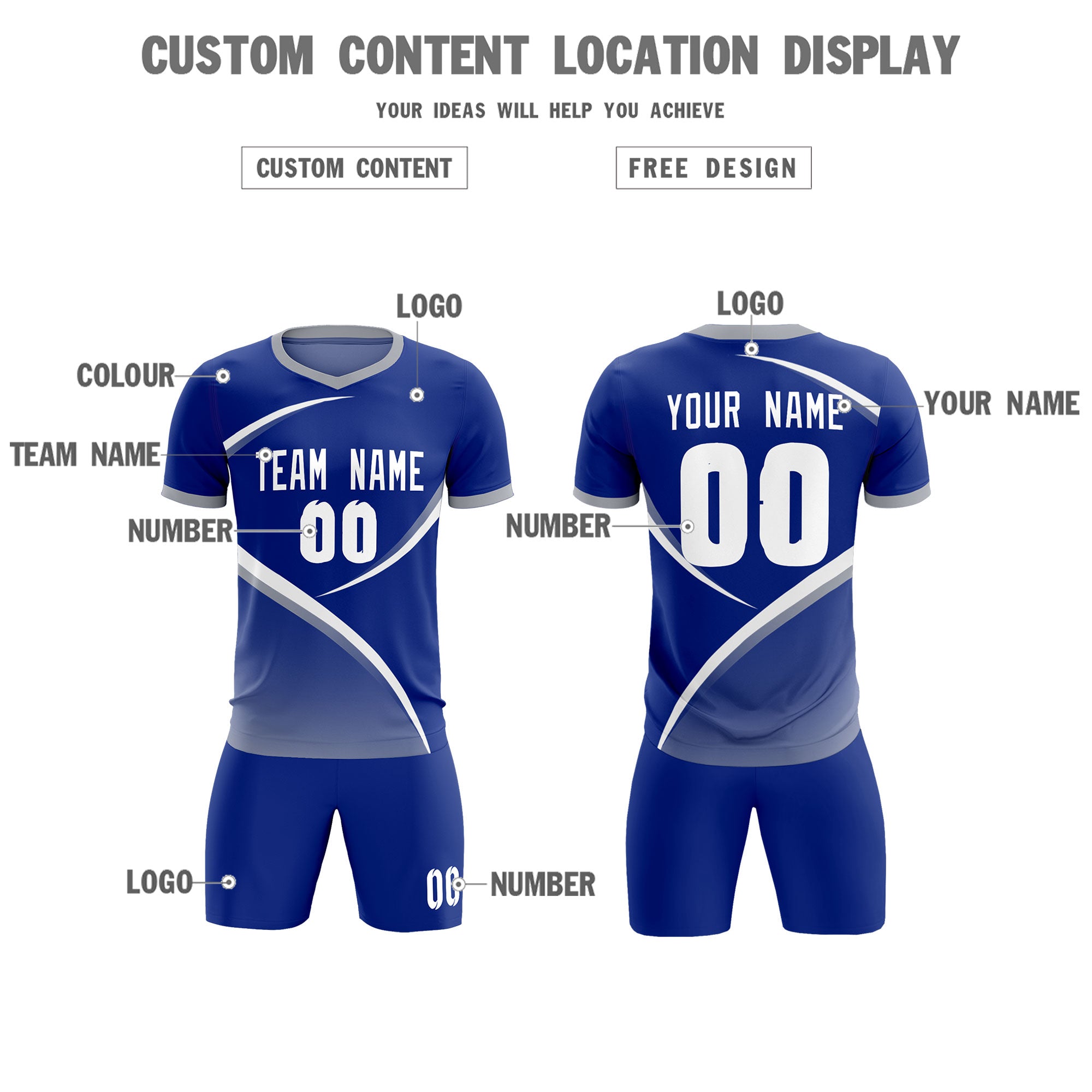 Custom Royal Gray Color Block Training Uniform For Men Soccer Sets Jersey