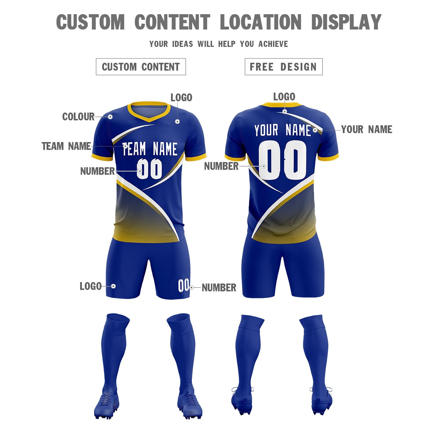 Custom Royal Gold Color Block Training Uniform For Men Soccer Sets Jersey