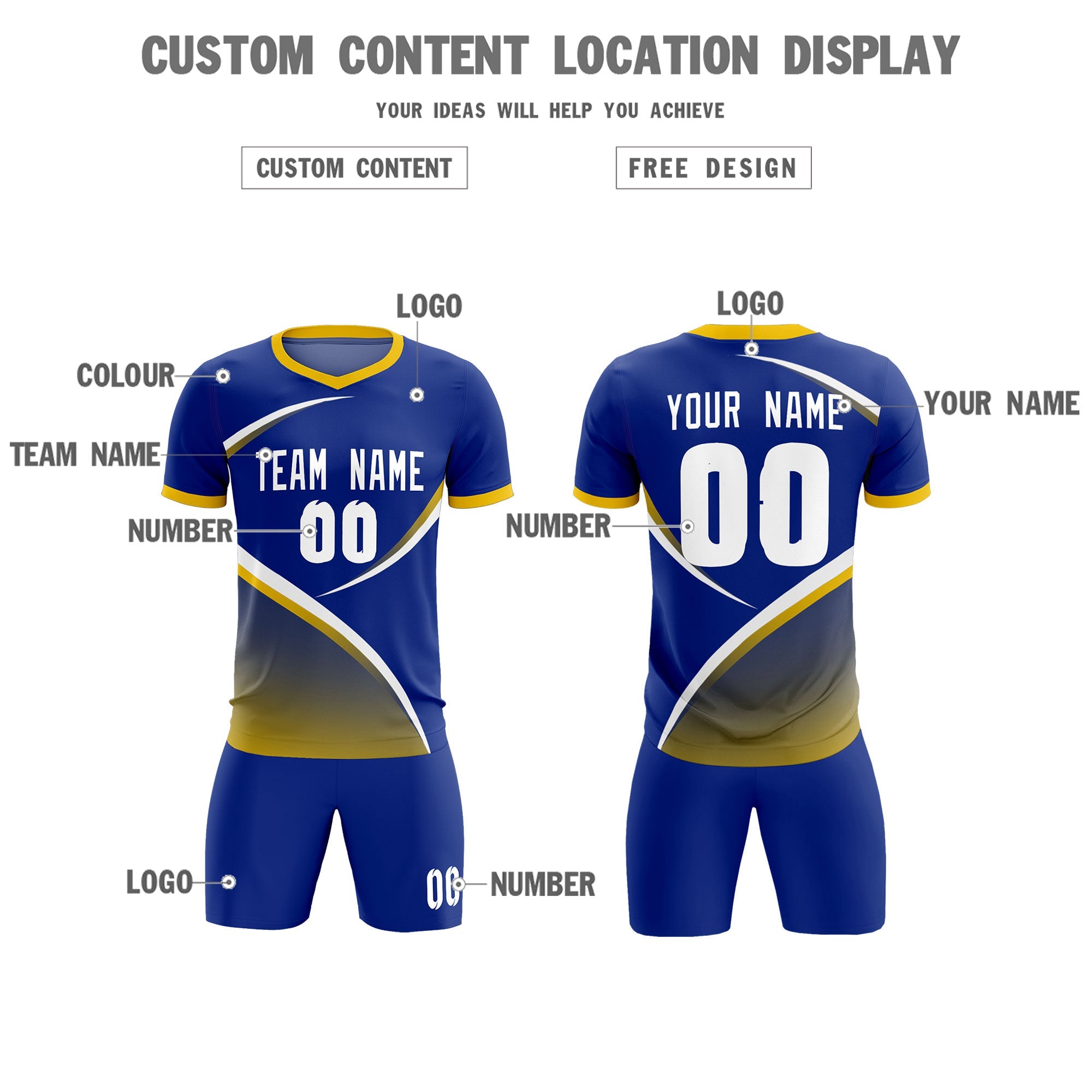 Custom Royal Gold Color Block Training Uniform For Men Soccer Sets Jersey